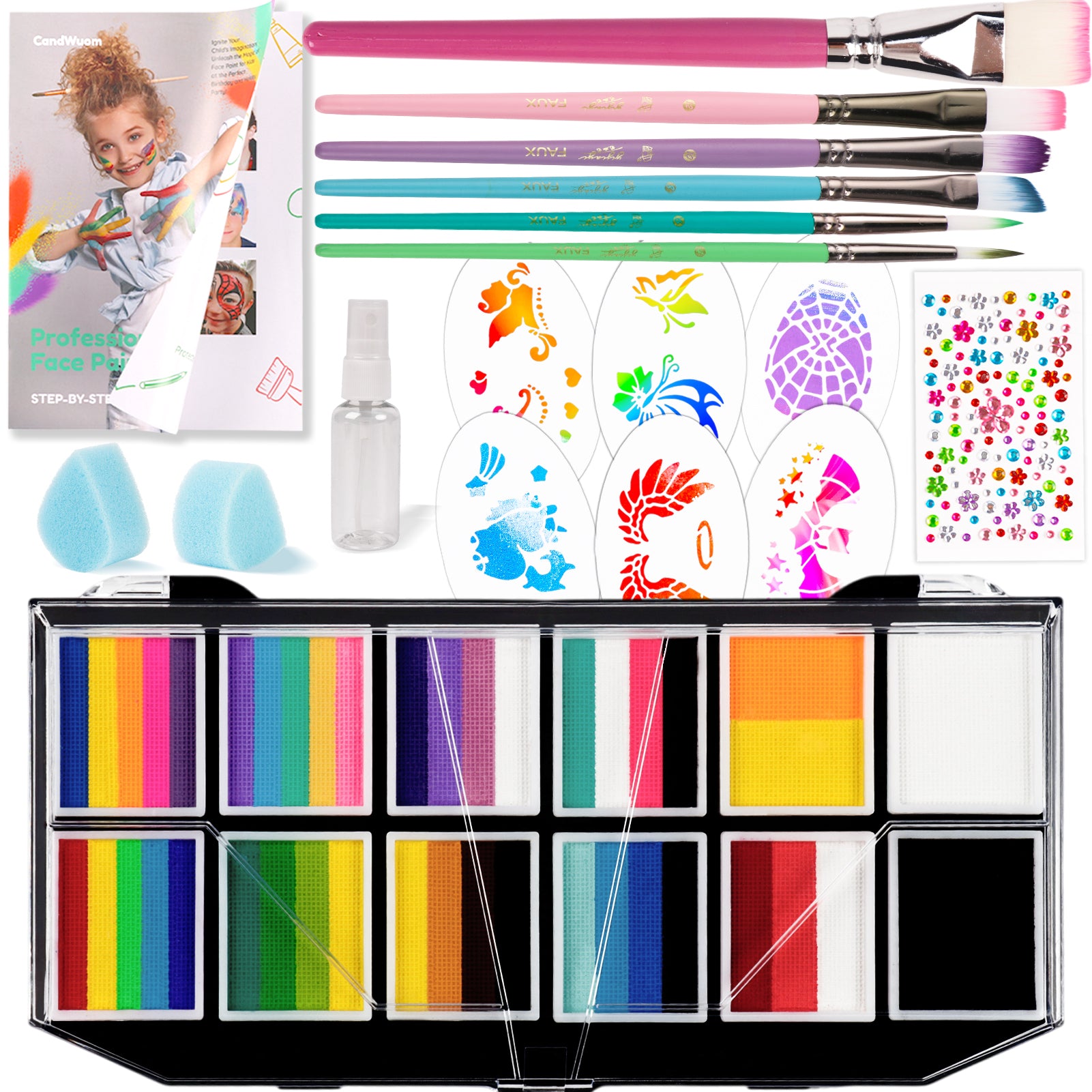 CandWuom Professional Face Painting Kit for Kids & Adults, Split Cake Face Paint Palette 12 x 10gm with Stencil, One Stroke Non Toxic Rainbow Body Paint Set for Halloween & Christmas Makeup