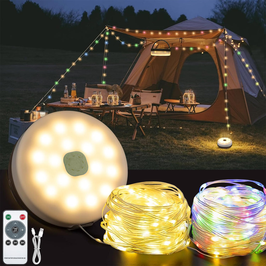 CandWuom Solar Camping String Lights, 4 in 1 Outdoor Tent Light with 9 Lighting Modes(72.2Ft), Solar Powered and USB Rechargeable Tent Lantern, Portable Warm Lights for Yard, Hiking & Decoration