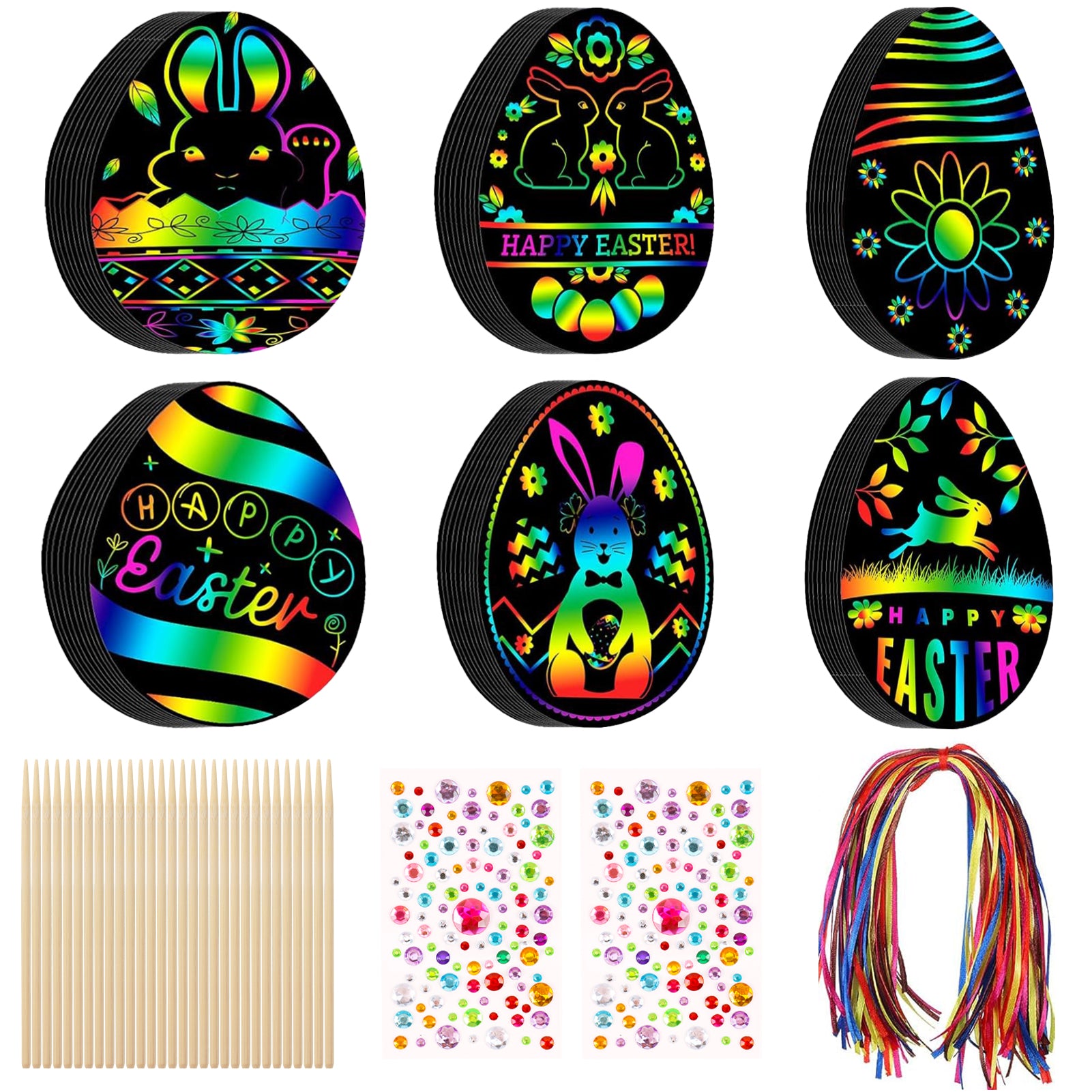 CandWuom 60 PCS Easter Egg Scratch Art for Kids, Rainbow Magic Scratch Paper Easter Crafts for Kids Gifts School Classroom Activities Project Party Favors Supplies Basket Fillers