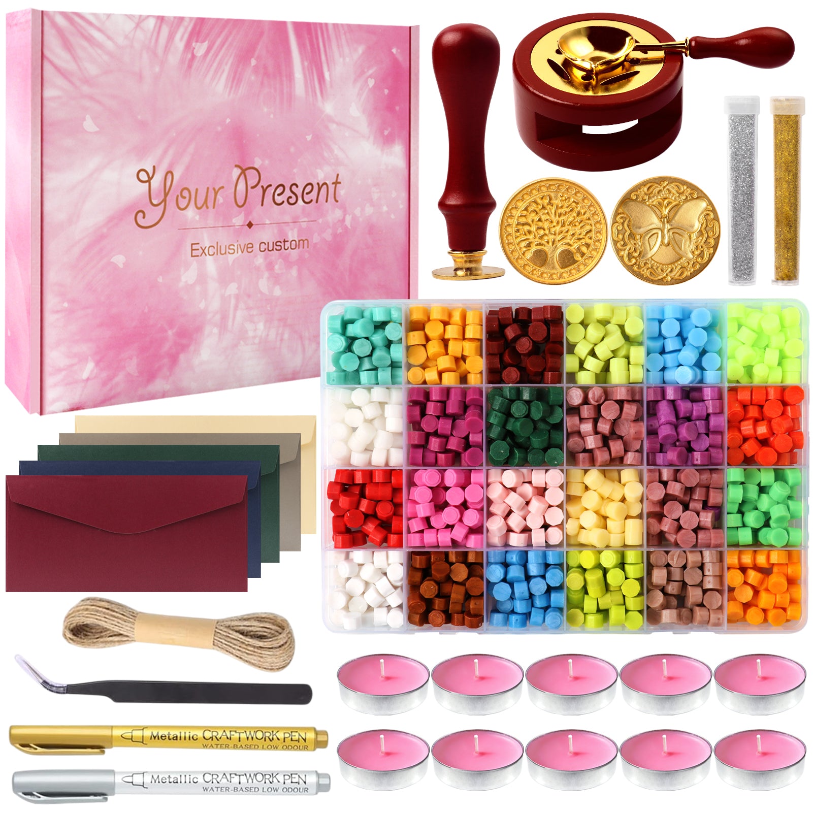 CandWuom Wax Seal Kit with Gift Box, 860 Pcs 24 Colors Sealing Beads, 2 Pcs Stamps, Sealing Wax Warmer, Metallic Pen, Envelope, Candles for Wedding Invitation Birthday Gift and DIY Craft