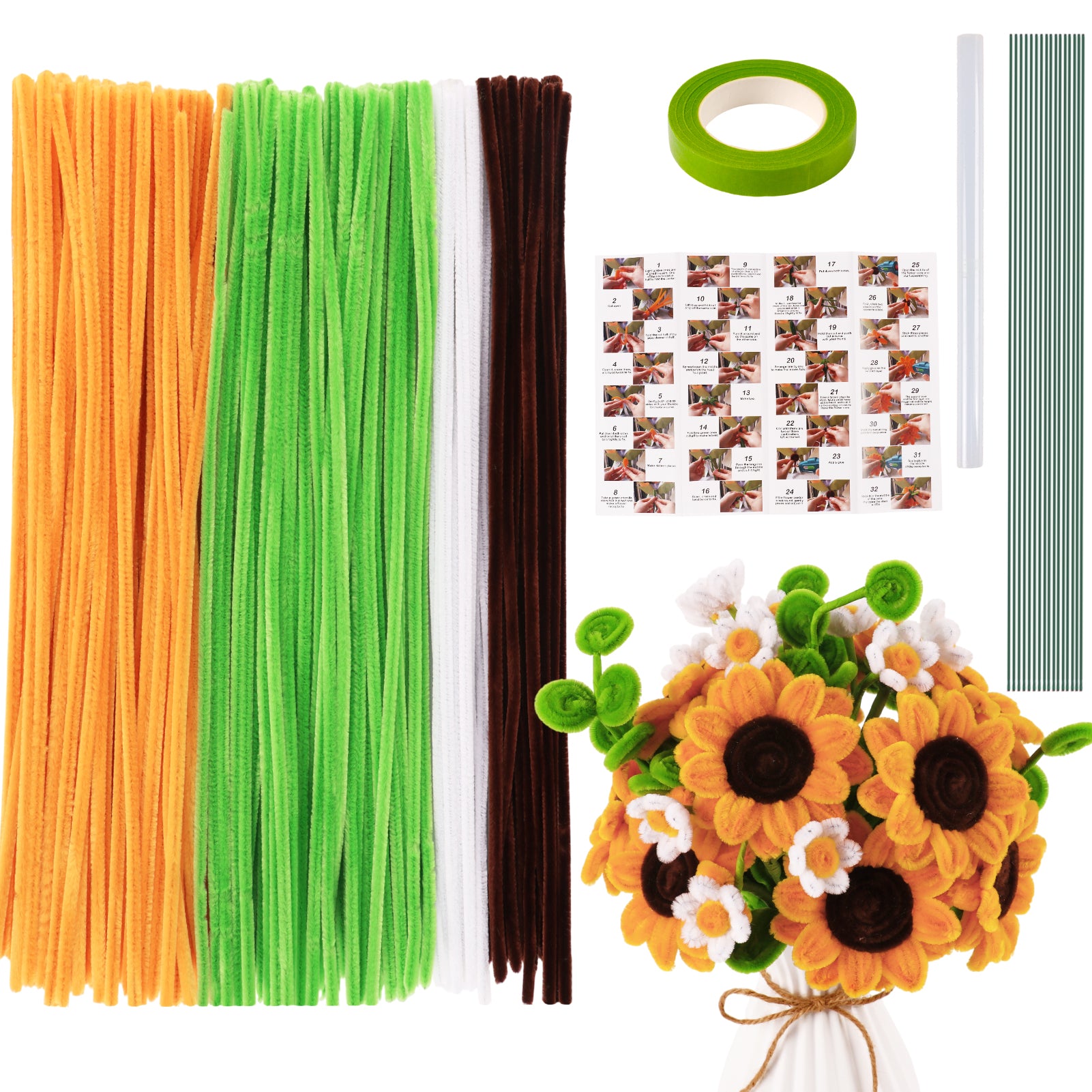 CandWuom Pipe Cleaners Craft Flower Kit, Pipe Cleaner Bulk for DIY Yellow Sunflower Making with Step-by-Step Tutorials for Mom, Lover, Friend Gifts