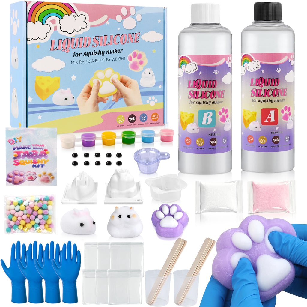 CandWuom Taba Squishy Kit - 18OZ Rubber Squishy Kit with Guided, Bubble Free and Faster Fully Cures - DIY FuFu Squishy Kit with Mold, Flocking Powder - Stress Relief Entertainment