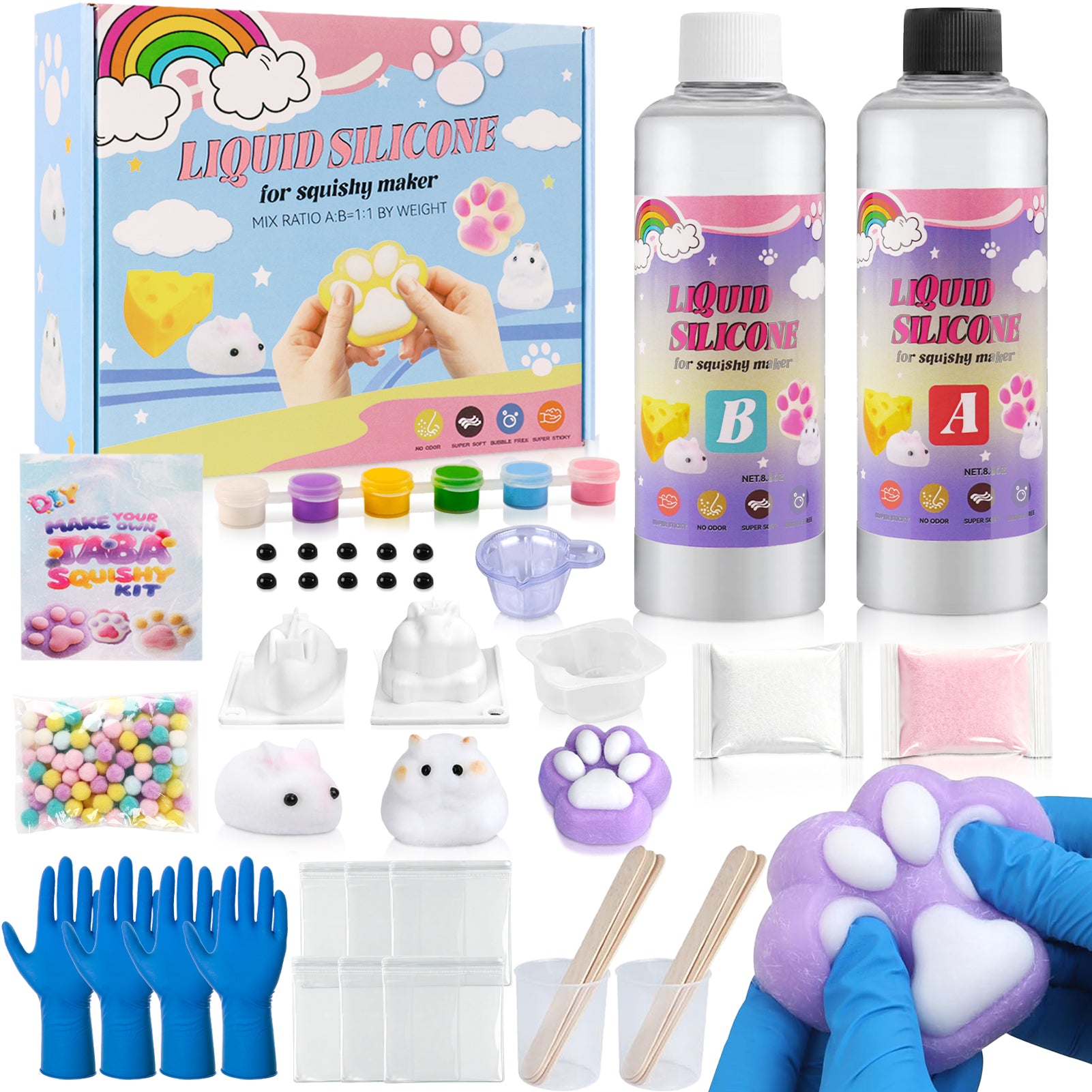 CandWuom Taba Squishy Kit - 18OZ Rubber Squishy Kit with Guided, Bubble Free and Faster Fully Cures - DIY FuFu Squishy Kit with Mold, Flocking Powder - Stress Relief Entertainment