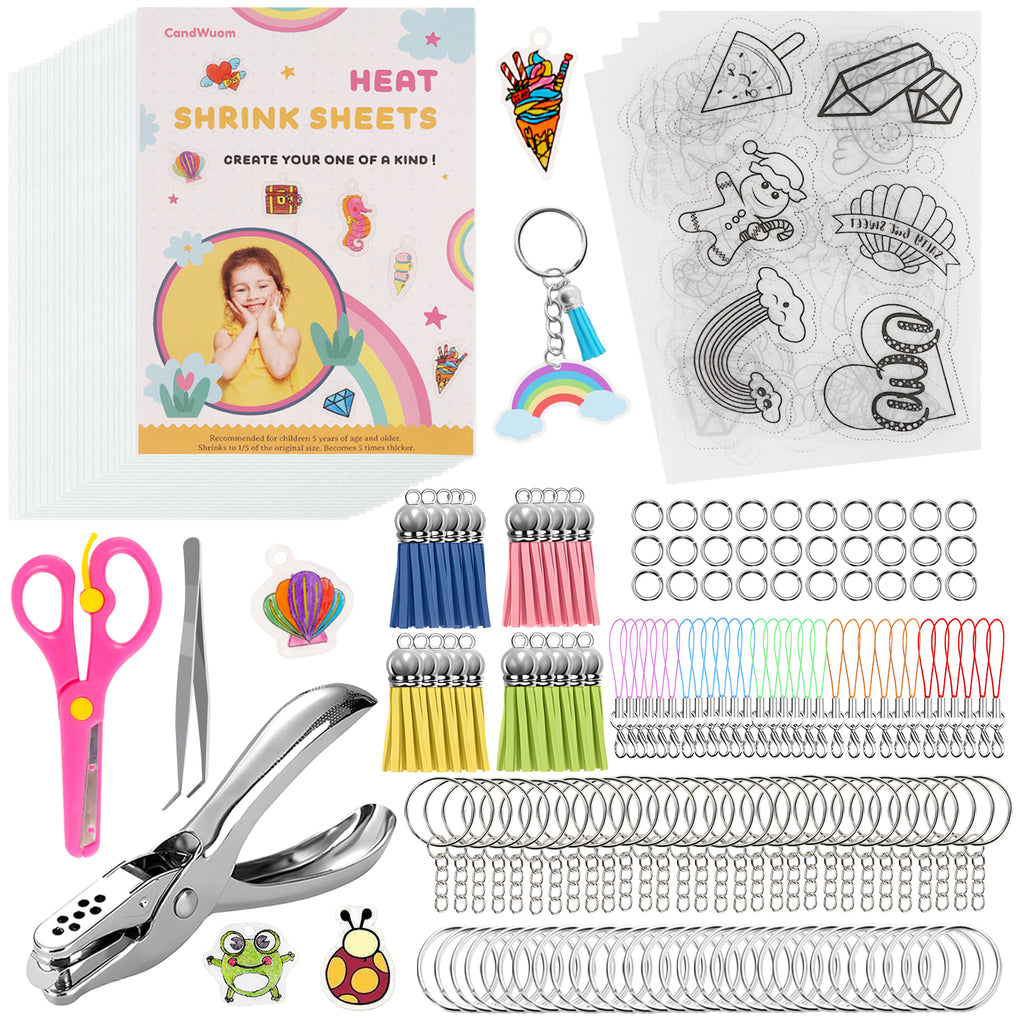 CandWuom Shrinky Dink Sheets Keychains Kit, 168Pcs Shrink Plastic Sheets Kit Including 20 Blank & 5 Pre-Printed Shrink Paper, Hole Punch & Keychain Accessories for Kids Creative Craft Marking