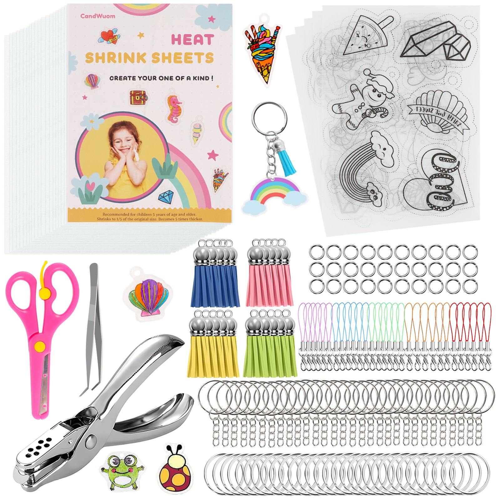 CandWuom Shrinky Dink Sheets Keychains Kit, 168Pcs Shrink Plastic Sheets Kit Including 20 Blank & 5 Pre-Printed Shrink Paper, Hole Punch & Keychain Accessories for Kids Creative Craft Marking