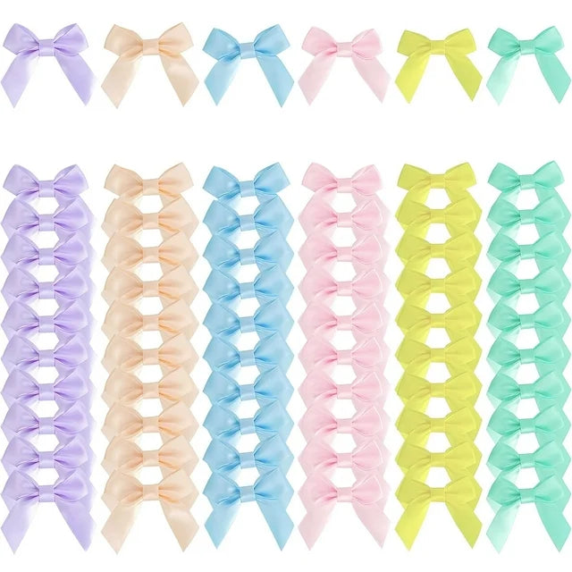 CandWuom 60 Pcs Pastel Satin Ribbon Bows 2.75 inch Self Adhesive Satin Bows for Gift Wrapping Premade Christmas Bows with Double-Sided Satin Tape