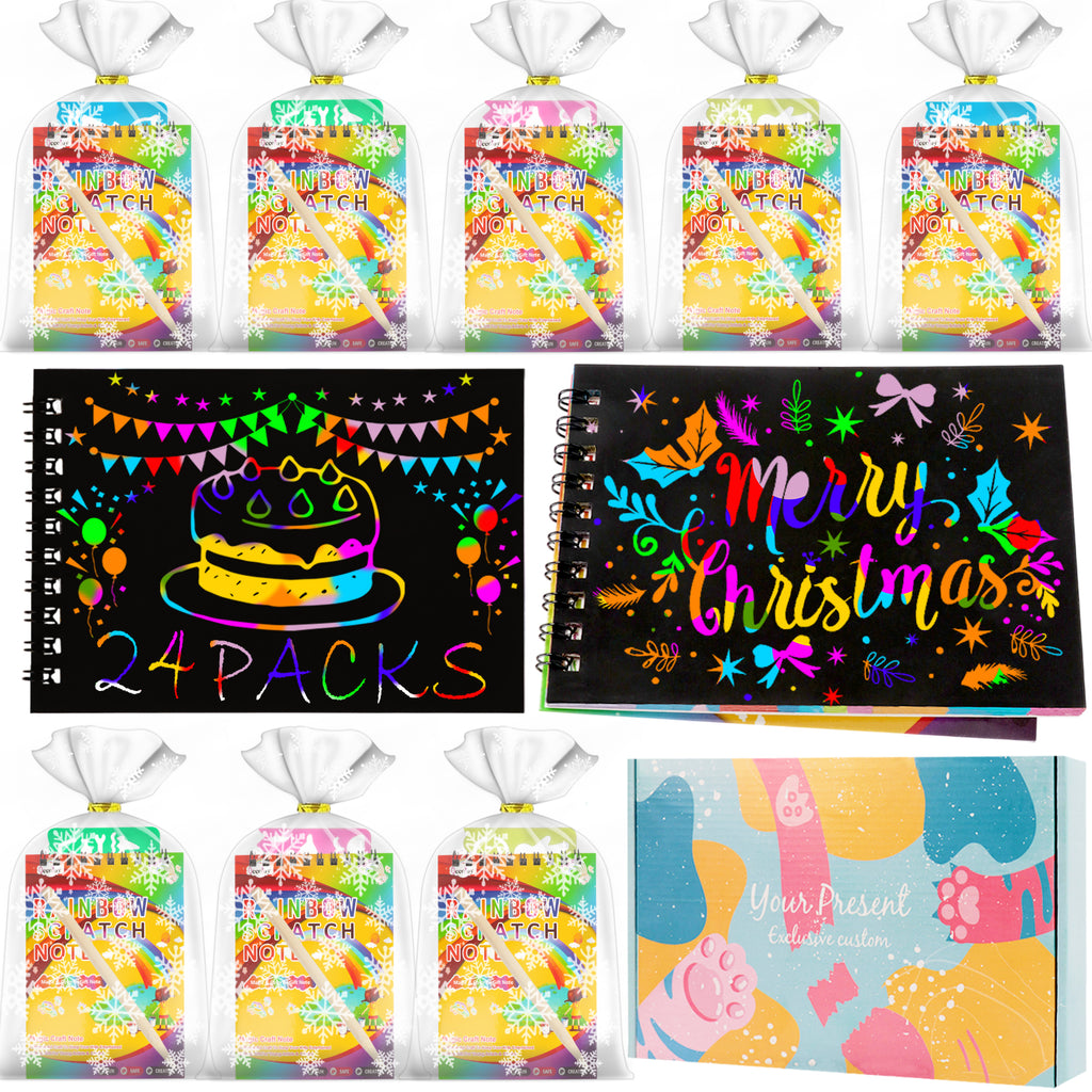 CandWuom Scratch Art Party Favors for Kids: 24 Pack Rainbow Scratch Notebook Bulk Kids Craft School Supplies for Girls Boys 4-8 Years Old Kids Birthday Goodie Bags Christmas Gifts Classroom Prizes