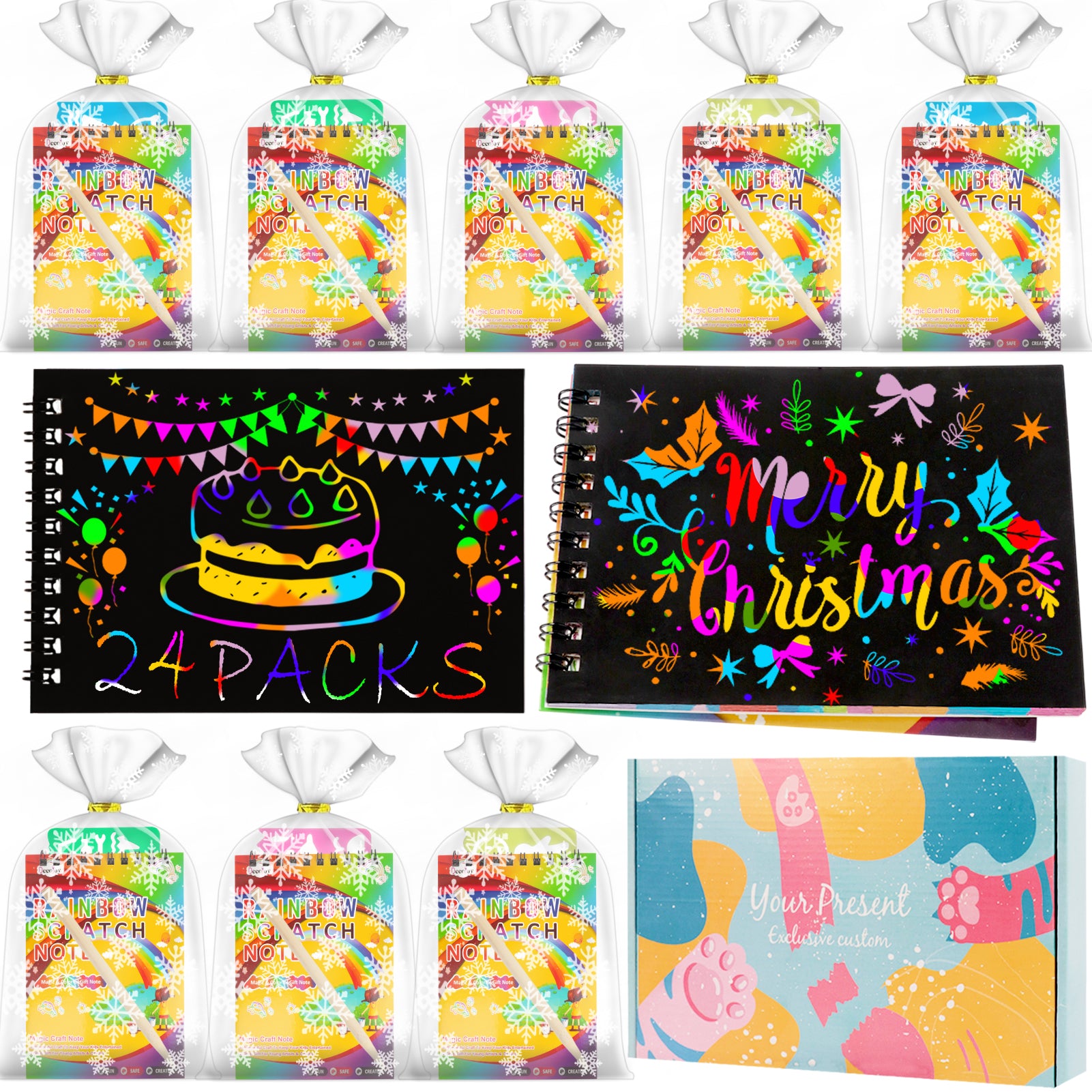 CandWuom Scratch Art Party Favors for Kids: 24 Pack Rainbow Scratch Notebook Bulk Kids Craft School Supplies for Girls Boys 4-8 Years Old Kids Birthday Goodie Bags Christmas Gifts Classroom Prizes