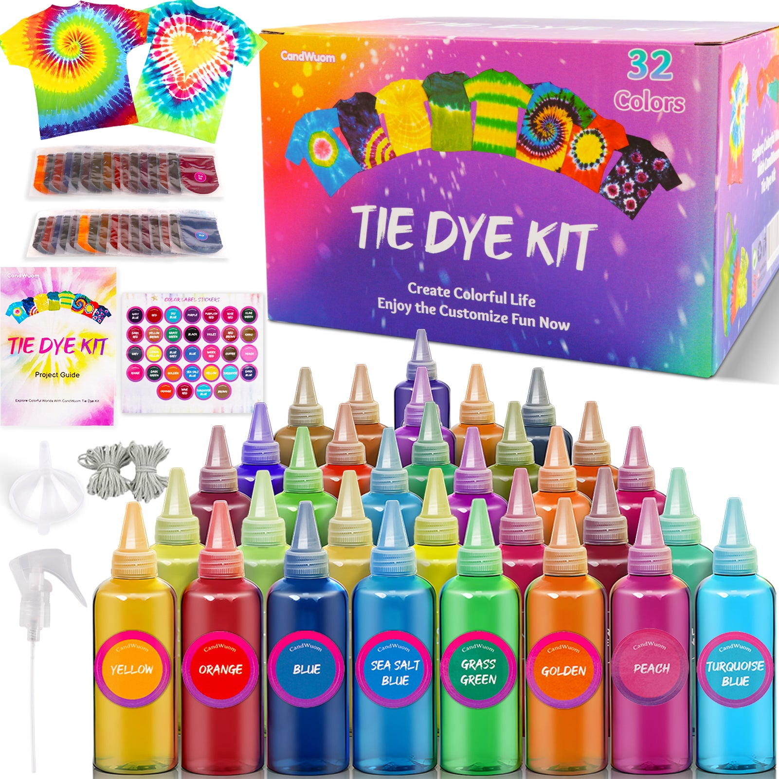 DIY Tie Dye Kits, 32 Colours All-in-1 Tie Dye Set Contain 32 Bag Pigments, Rubber Bands, Gloves, Sealed Bag, Apron and Table Covers for Craft Arts Fabric Textile Party DIY Handmade Project