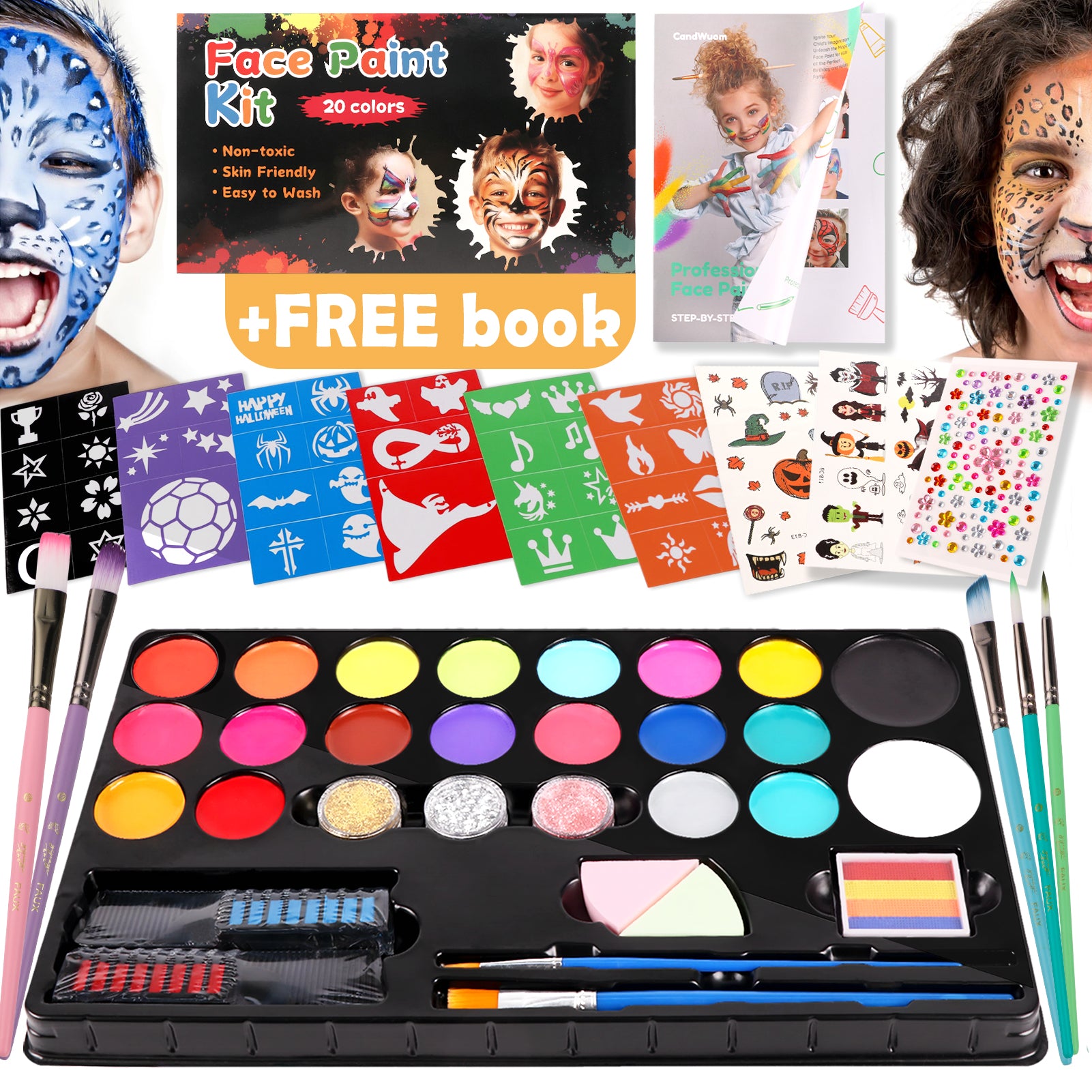 CandWuom Face Painting Kit for Kids –20 Colors Water Based Body Face Paint Kit Includes Hair Chalks Comb, Brushes, Stencils, Professional Face Paint Kit