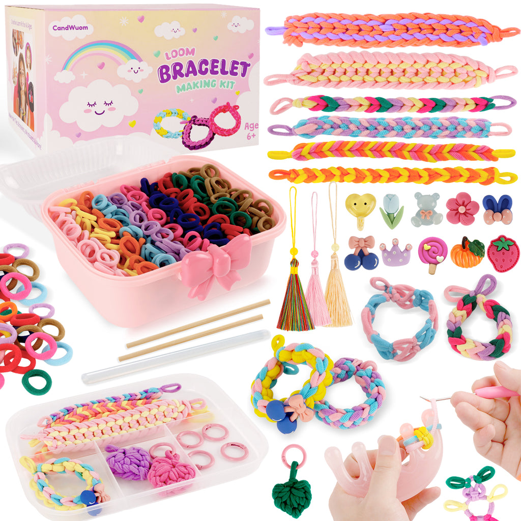 CandWuom Bracelet Making Kit Arts and Crafts for Girls Ages 8-12, Weaving Loom Rainbow Bands DIY Toys Birthday Gifts for Kids 6 7 9 10 11 13 Year Old, 1000+ Elastic Cloth Rubber Band Fabric Loops