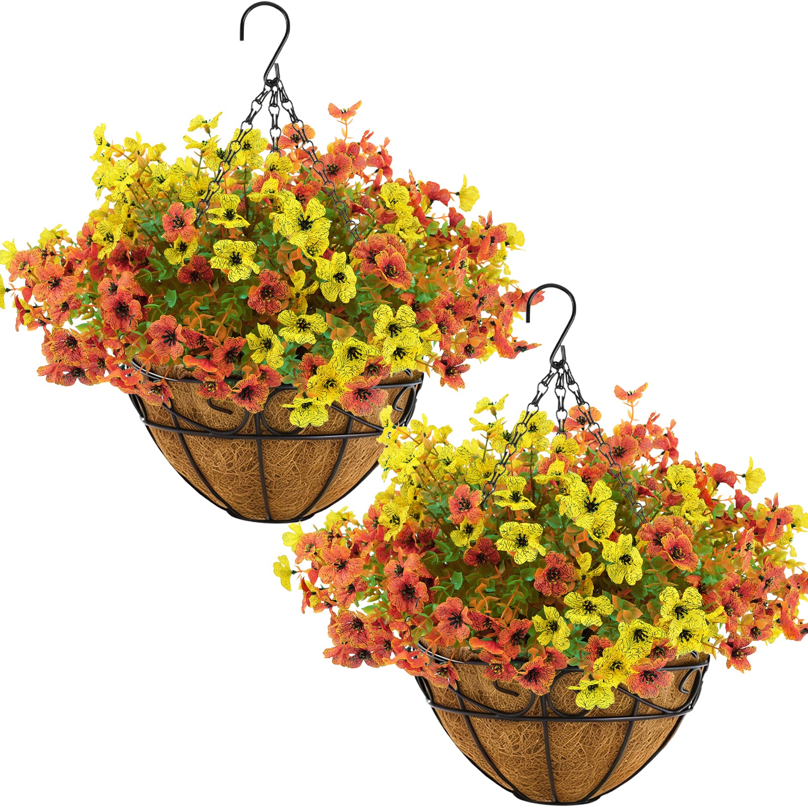 CandWuom 28 Pcs Artficial Outdoor Flowers with Hanging Baskets, Orange Fall mums 2 Pack Hanging Planter for Autumn Porch Garden and Home Patio Yard Decor