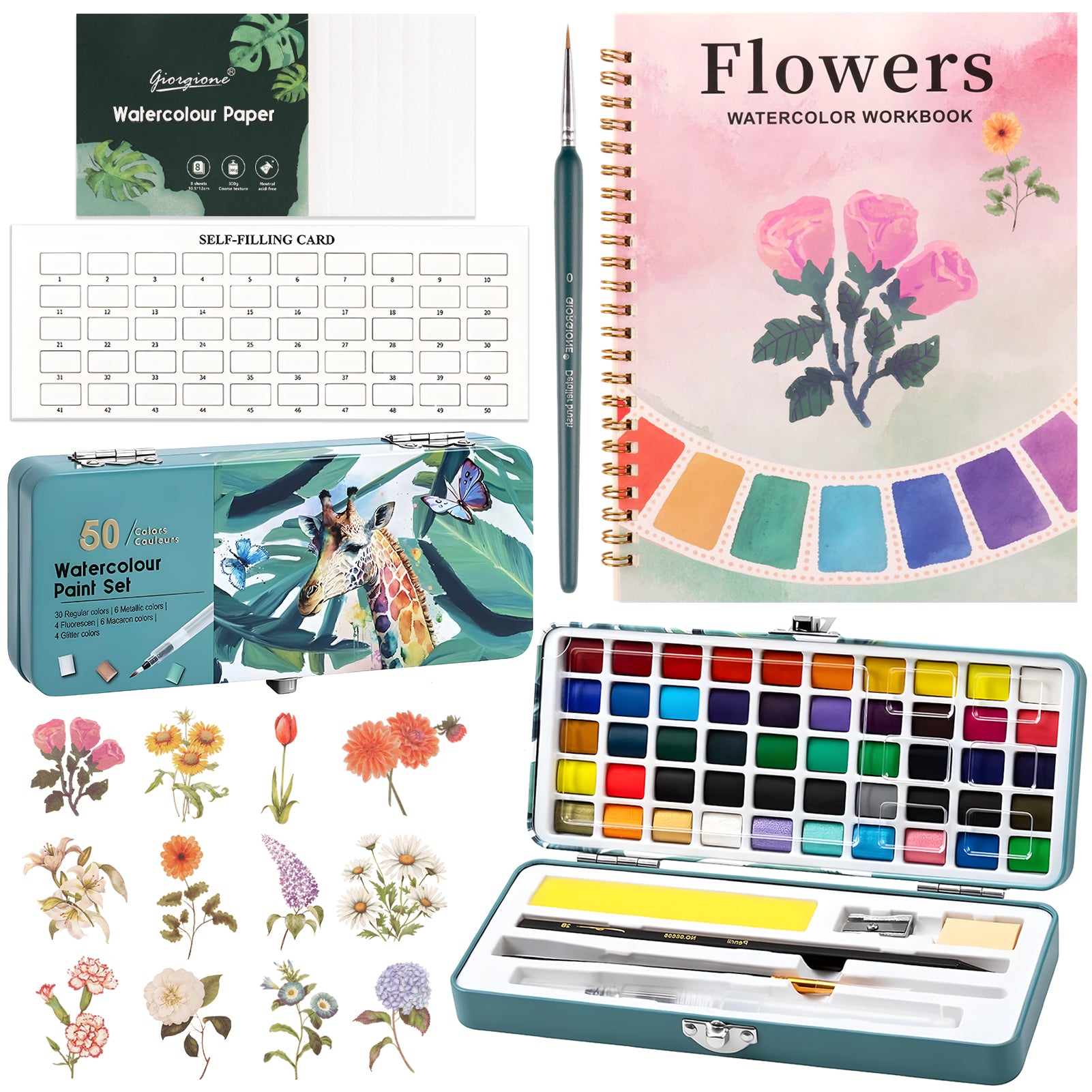 CandWuom Watercolor Paint Set, 50 Colors Watercolors Kit with 12 Different Patterns Water Coloring Book, Art Crafts Painting Supplies with Palette and Brush, Gifts for Beginner Adults Artist Drawing