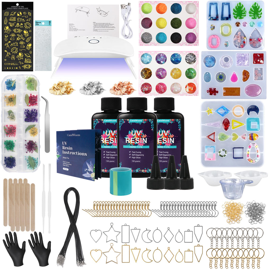 CandWuom UV Resin Jewelry Making Kit - 300g Crystal Clear Resin with Light & Molds for DIY Necklace & Keychain & Earring Making