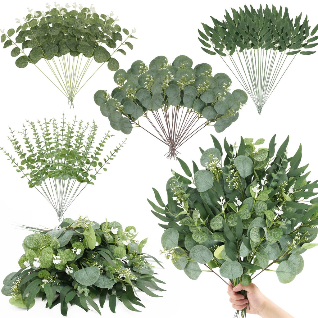 CandWuom 100pcs Artificial Eucalyptus Stems Bulk, 4 Kinds Mixed Greenery Fake Plants Faux Leaves Picks, Perfect for DIY Bouquets, Home and Wedding Decor