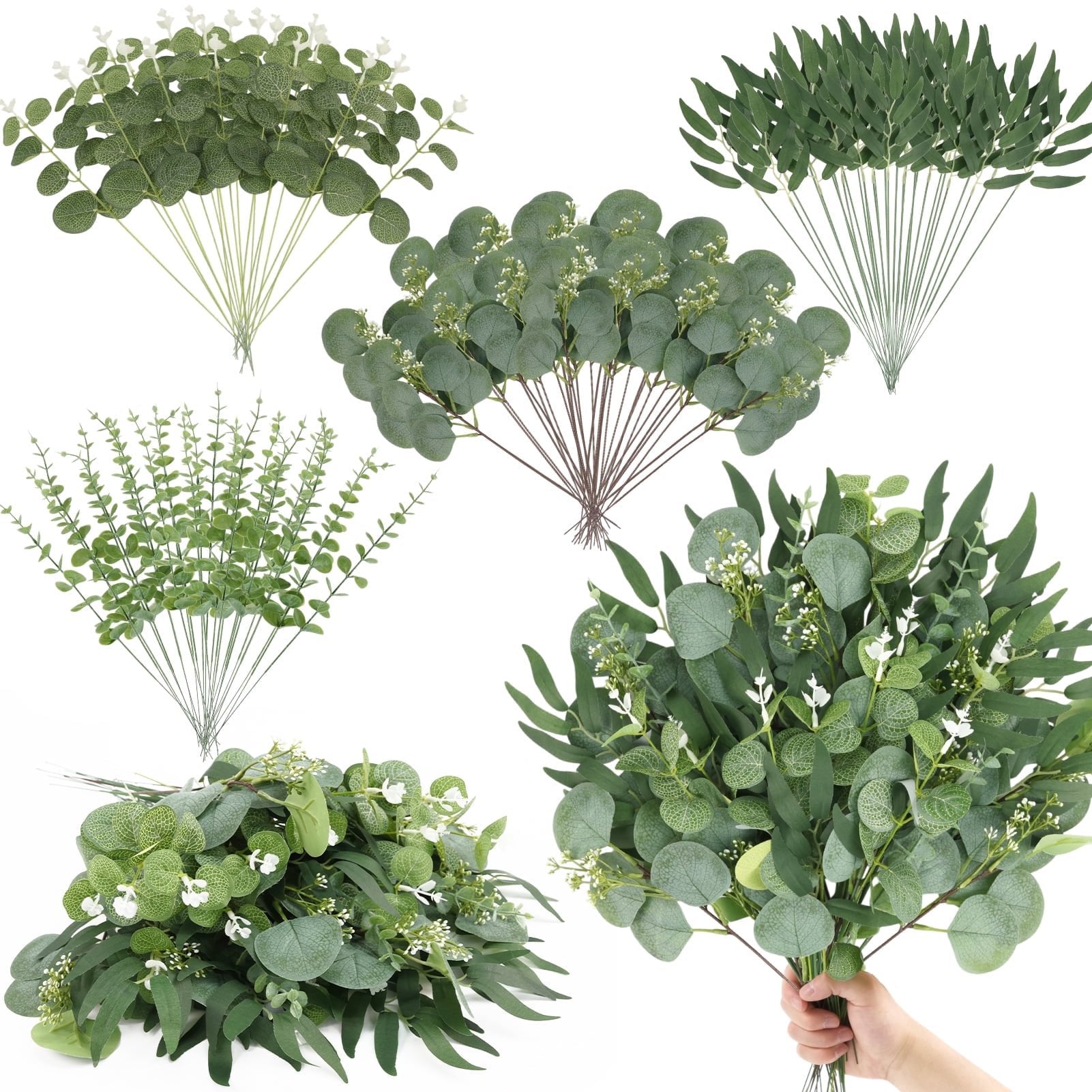 CandWuom 100pcs Artificial Eucalyptus Stems Bulk, 4 Kinds Mixed Greenery Fake Plants Faux Leaves Picks, Perfect for DIY Bouquets, Home and Wedding Decor