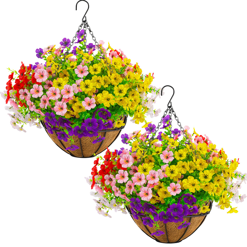 CandWuom 2 Set Artificial Outdoor Flowers with Hanging Basket, Hanging Planters with 28 Pcs Flowers for Spring Summer Front Porch Garden Patio Home Decor