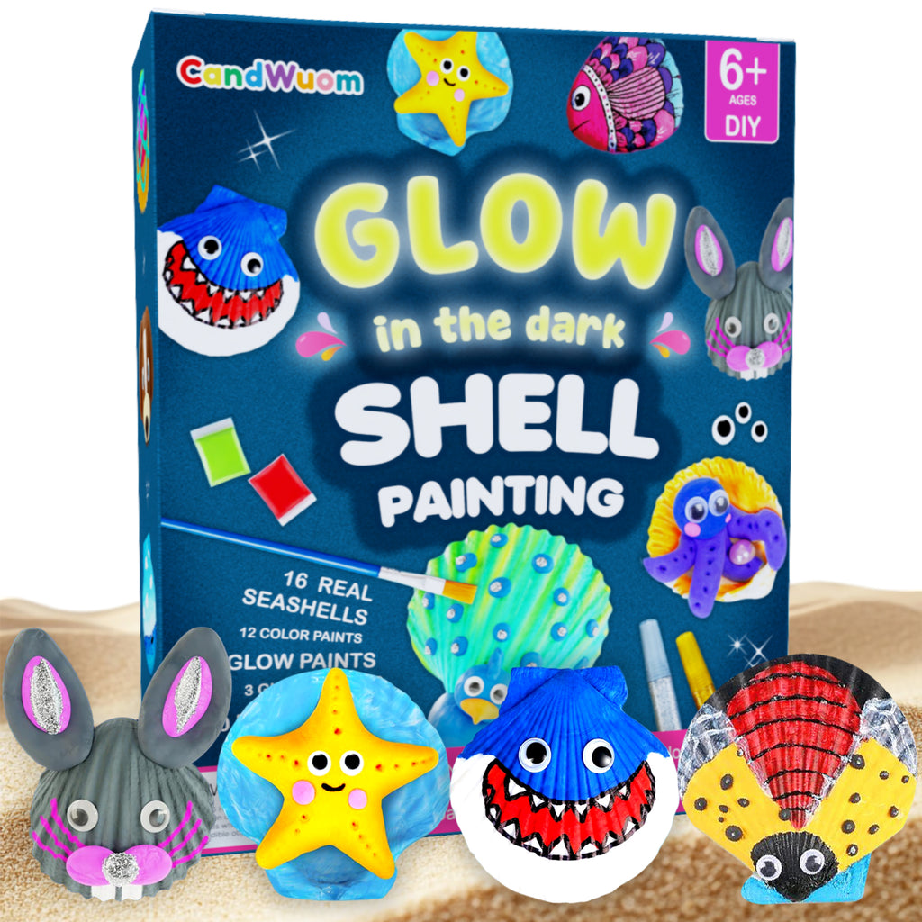 CandWuom 16 Glow in The Dark Sea Shell Painting Kit-Arts & Crafts for Boys and Girls Ages 6-12, Art Supplies, Kids Craft Paint Kits, Creative Art Toys for Birthday Party Gift