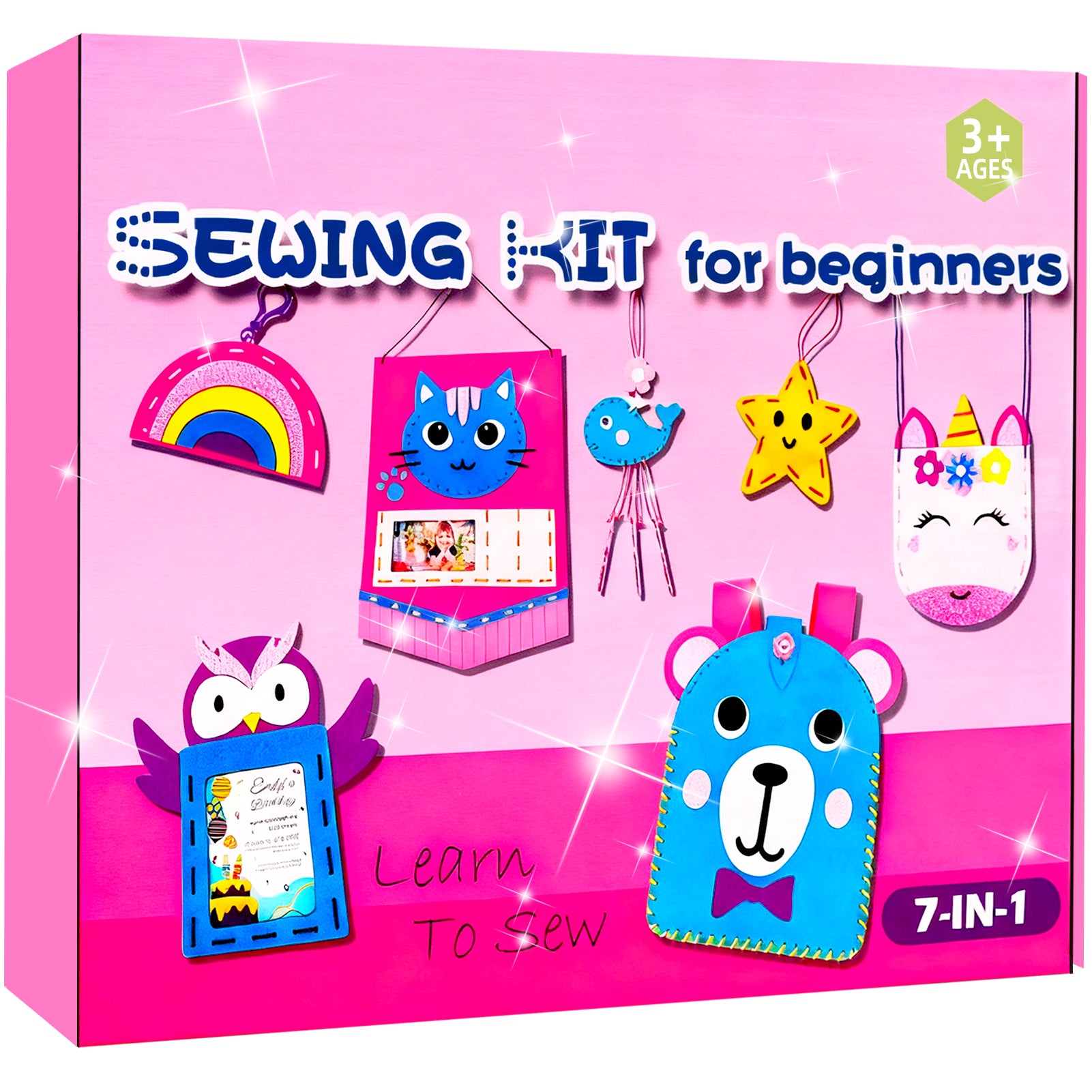 CandWuom Sewing Kit for Kids Arts & Crafts, Sewing Bag Kits for Beginners 7 Easy DIY Handbag Pouch Unicorn Projects, Learn to Sew & Felt Embroidery, Gift for Girls 3+