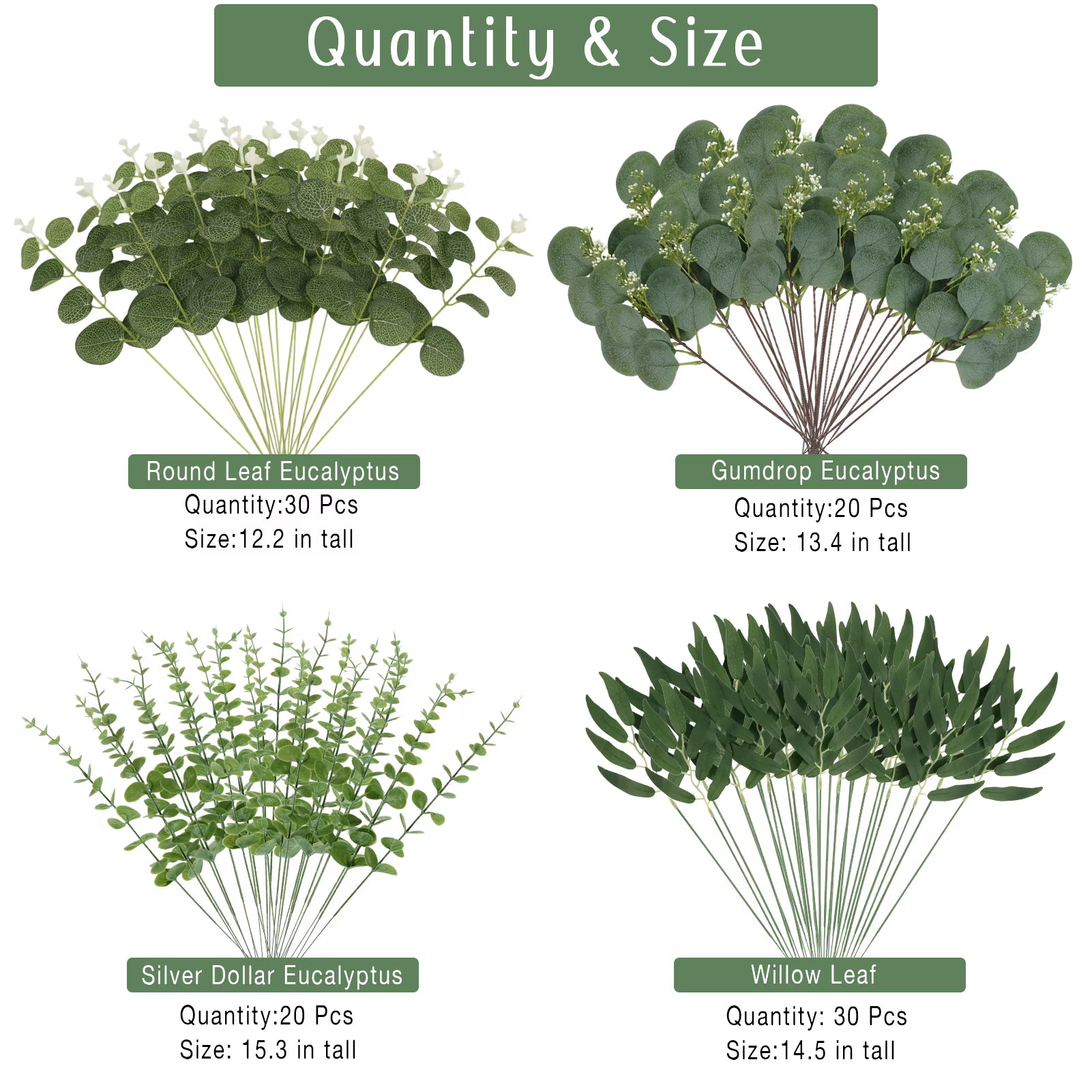 CandWuom 100pcs Artificial Eucalyptus Stems Bulk, 4 Kinds Mixed Greenery Fake Plants Faux Leaves Picks, Perfect for DIY Bouquets, Home and Wedding Decor