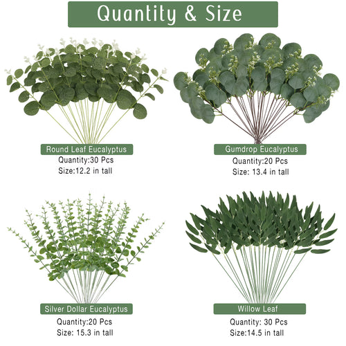 CandWuom 100pcs Artificial Eucalyptus Stems Bulk, 4 Kinds Mixed Greenery Fake Plants Faux Leaves Picks, Perfect for DIY Bouquets, Home and Wedding Decor
