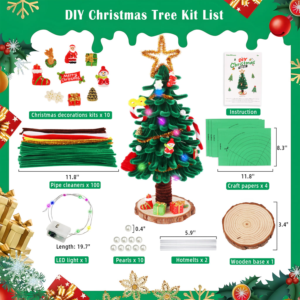 CandWuom Kids Art & Craft Kit - DIY Mini Christmas Tree with Lights, Pipe Cleaner Craft Supplies Chenille Stems Craft Set, Light Christmas Tree & Ornaments Accessories for Holidays