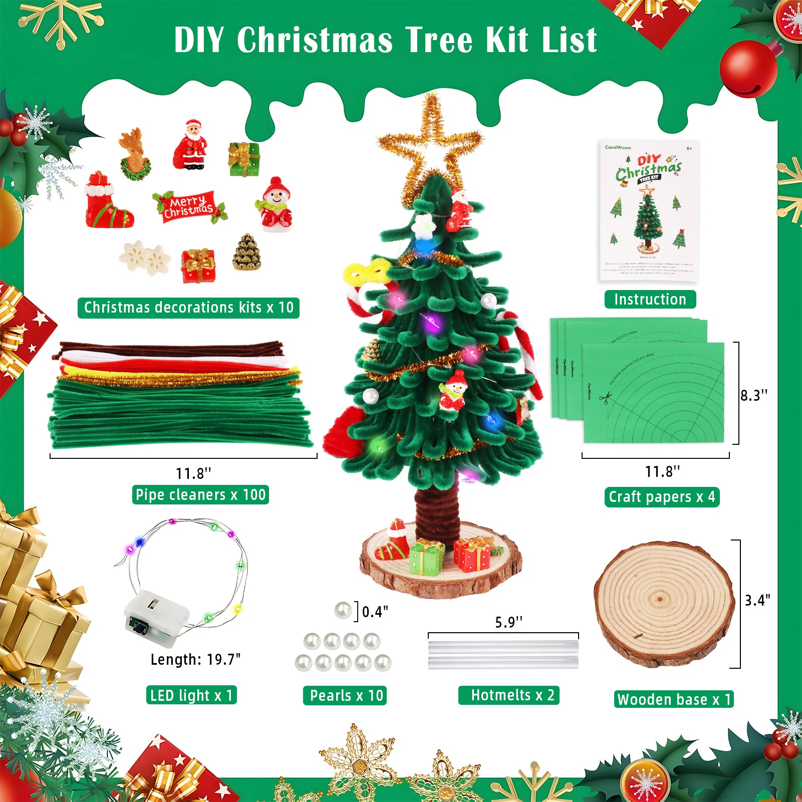 CandWuom Kids Art & Craft Kit - DIY Mini Christmas Tree with Lights, Pipe Cleaner Craft Supplies Chenille Stems Craft Set, Light Christmas Tree & Ornaments Accessories for Holidays