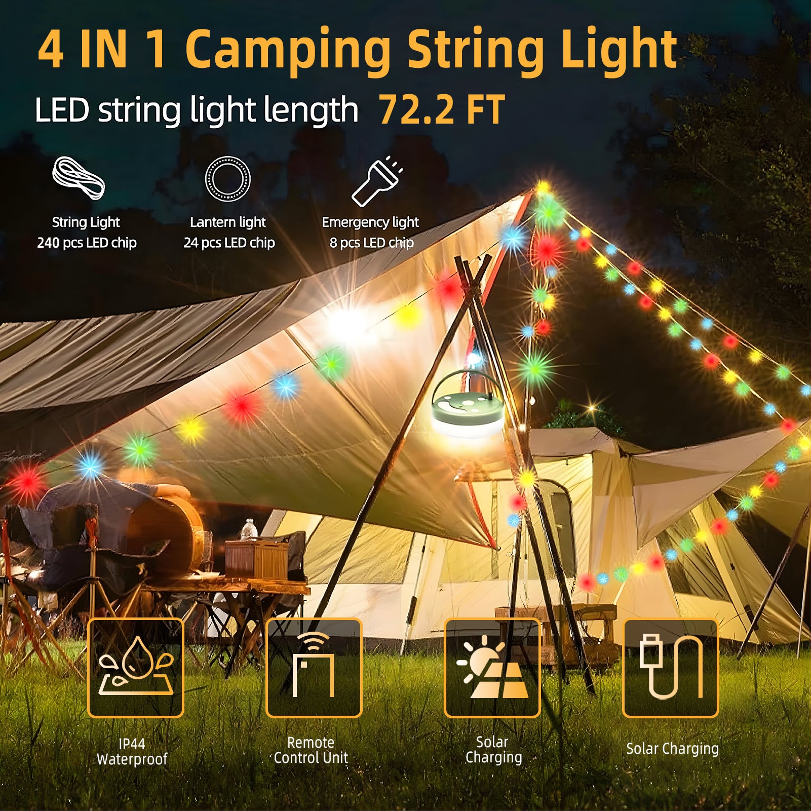 CandWuom Solar Camping String Lights, 4 in 1 Outdoor Tent Light with 9 Lighting Modes(72.2Ft), Solar Powered and USB Rechargeable Tent Lantern, Portable Warm Lights for Yard, Hiking & Decoration