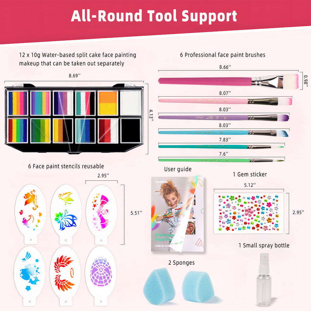 CandWuom Professional Face Painting Kit for Kids & Adults, Split Cake Face Paint Palette 12 x 10gm with Stencil, One Stroke Non Toxic Rainbow Body Paint Set for Halloween & Christmas Makeup