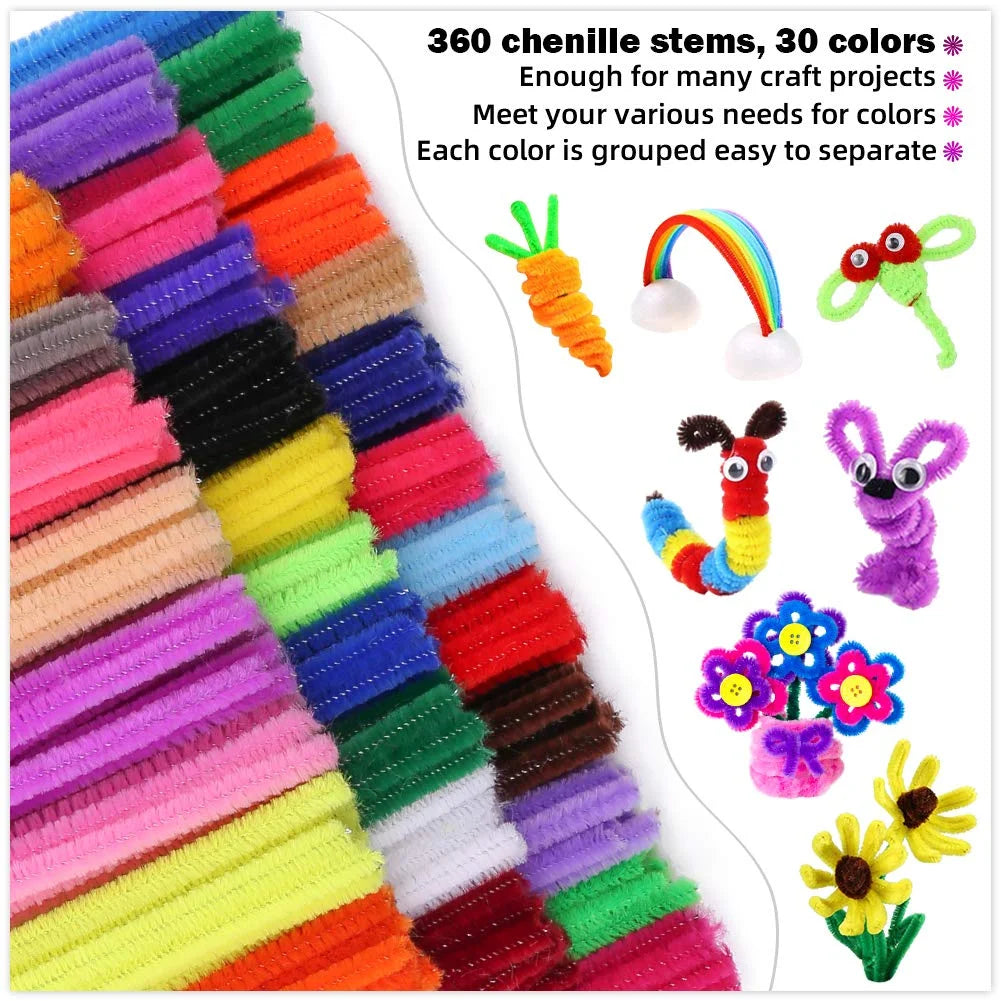 CandWuom 360 Pieces Pipe Cleaners 30 Assorted Colored Chenille Stems for Art and Crafts, Children’s Craft Supplies (6 mm x 12 inch)