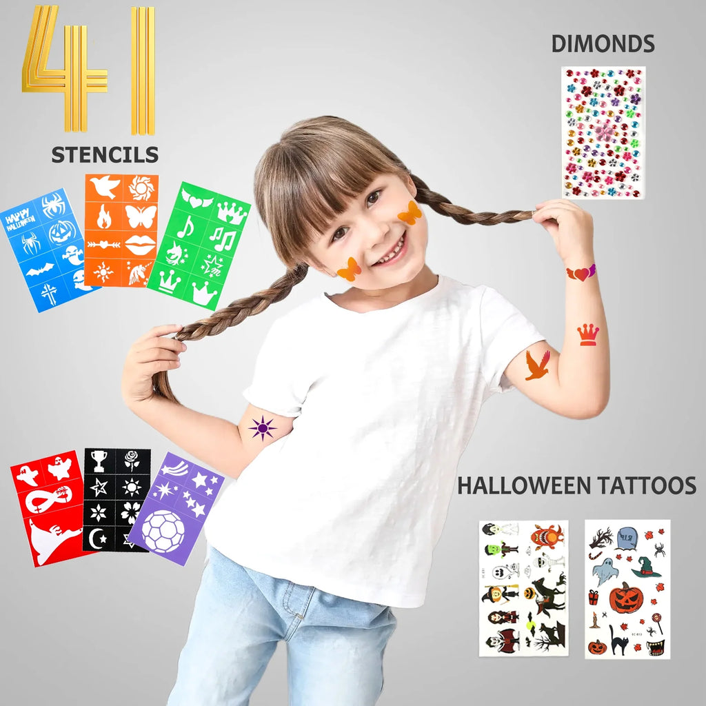 CandWuom Face Painting Kit for Kids –42 Colors Water Based Body Face Paint Kit Includes Hair Chalks Comb, Brushes, Stencils, Professional Face Paint Kit