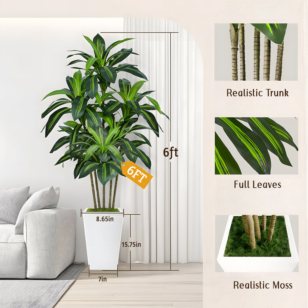 CandWuom 6FT Artificial Dracaena Tree,Fake Tree with White Tall Planter - Faux Yucca Tall Fake Floor Plant in Pot - Artificial Trees for Home Office Living Room Decor Indoor