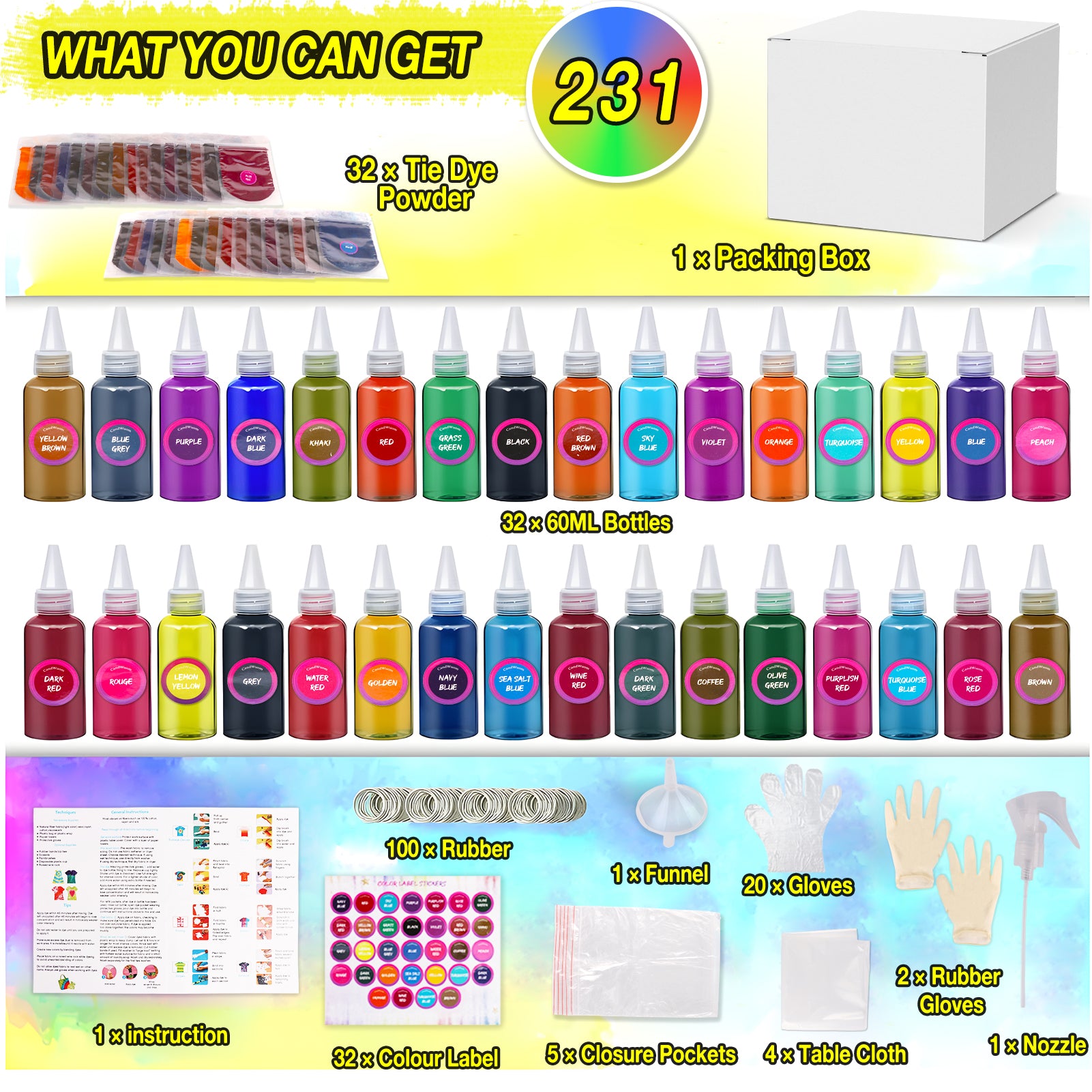 DIY Tie Dye Kits, 32 Colours All-in-1 Tie Dye Set Contain 32 Bag Pigments, Rubber Bands, Gloves, Sealed Bag, Apron and Table Covers for Craft Arts Fabric Textile Party DIY Handmade Project