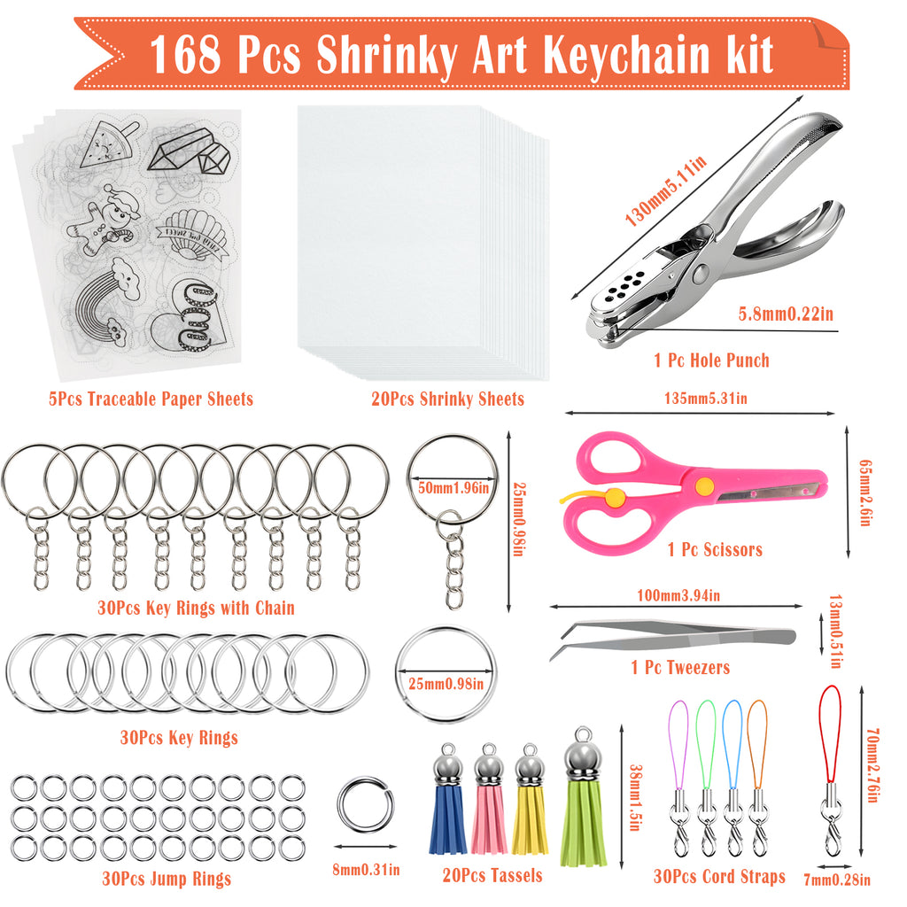 CandWuom Shrinky Dink Sheets Keychains Kit, 168Pcs Shrink Plastic Sheets Kit Including 20 Blank & 5 Pre-Printed Shrink Paper, Hole Punch & Keychain Accessories for Kids Creative Craft Marking