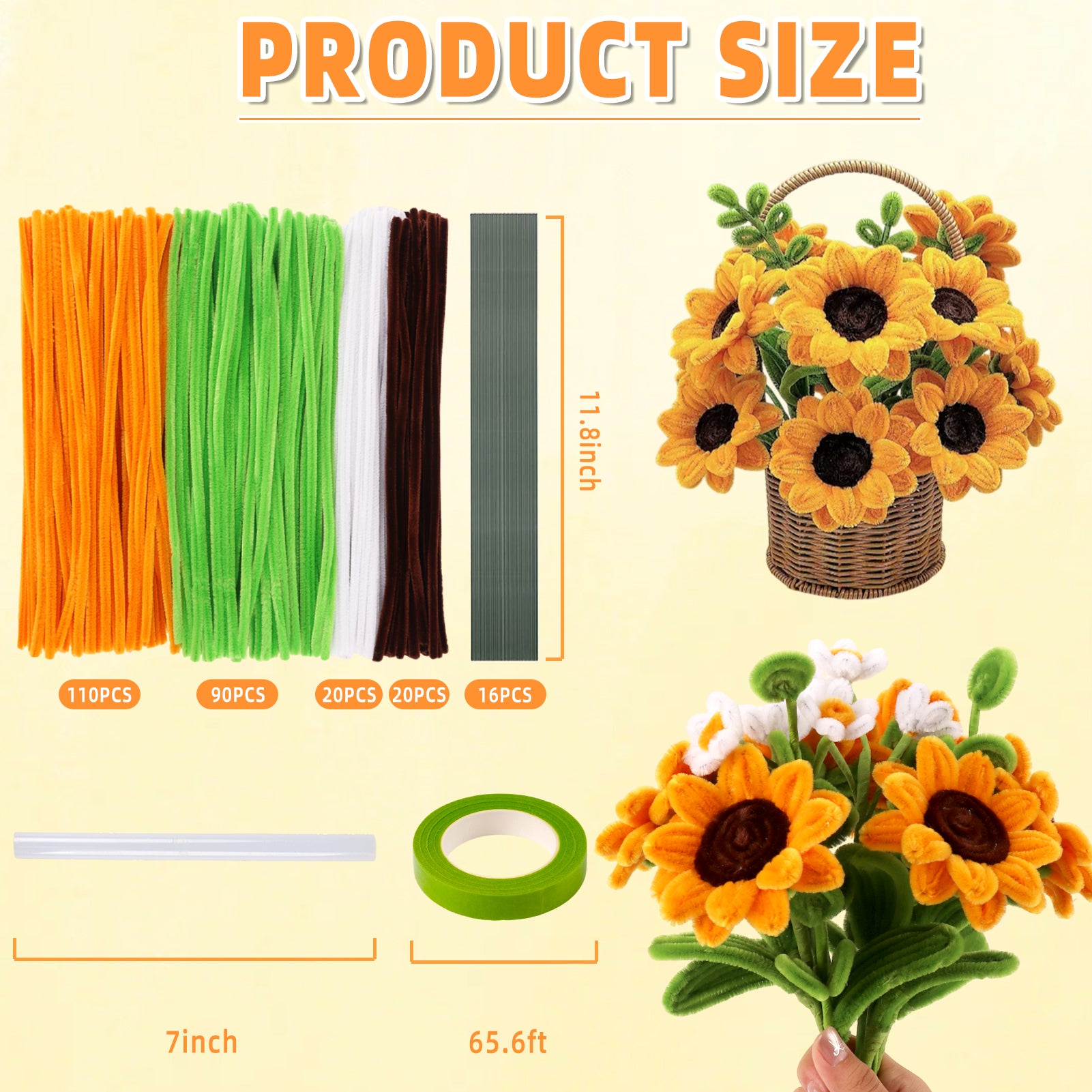 CandWuom Pipe Cleaners Craft Flower Kit, Pipe Cleaner Bulk for DIY Yellow Sunflower Making with Step-by-Step Tutorials for Mom, Lover, Friend Gifts