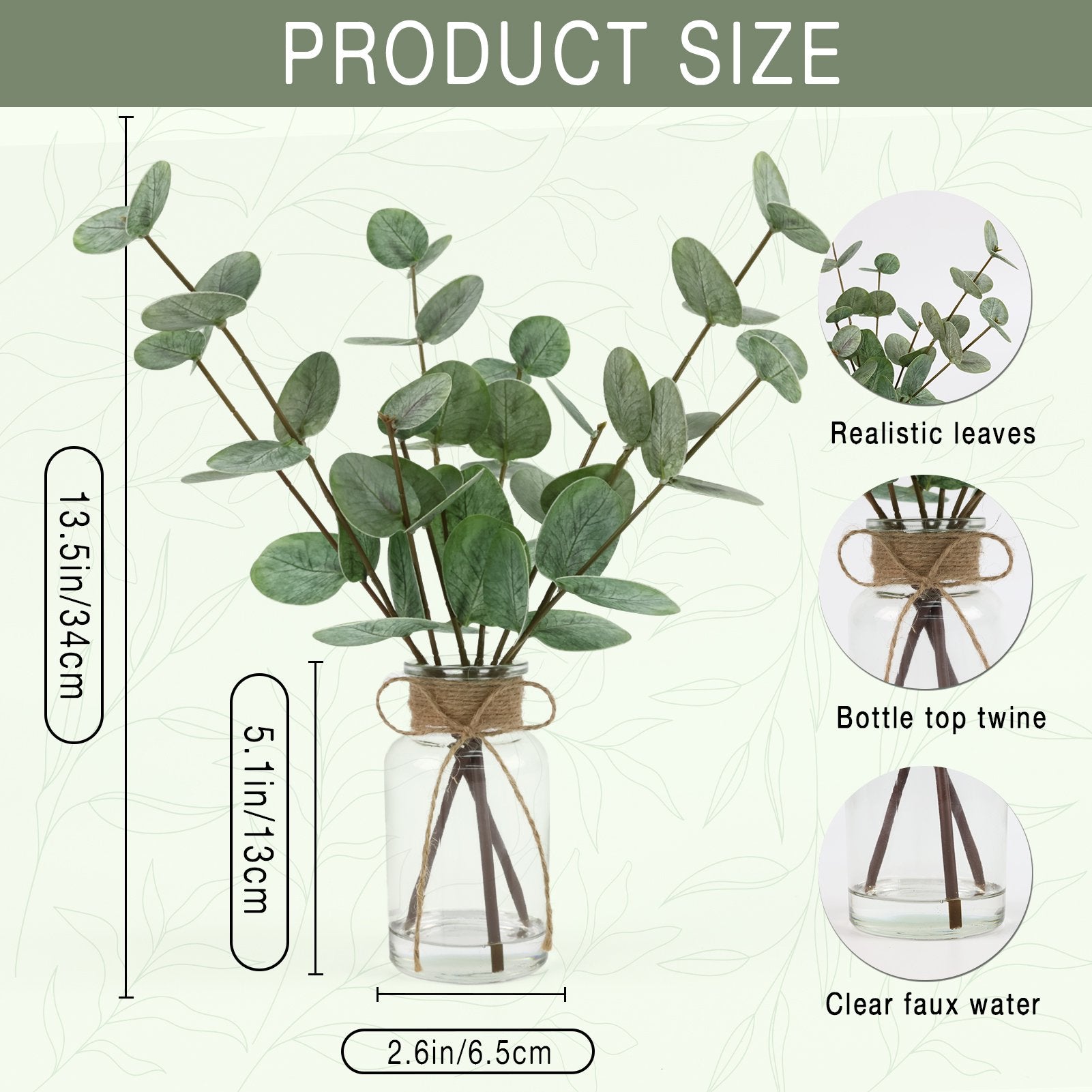 CandWuom Artificial Eucalyptus Stems in Glass Vase with Faux Water, 13.5” Fake Plants Faux Greenery Leaves with Lights, Decorations for Bathroom Home Office Farmhouse Wedding
