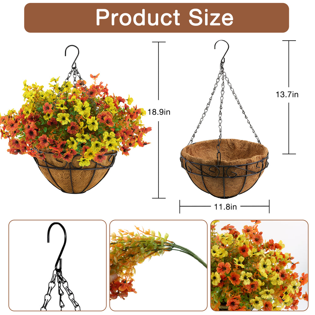 CandWuom 28 Pcs Artficial Outdoor Flowers with Hanging Baskets, Orange Fall mums 2 Pack Hanging Planter for Autumn Porch Garden and Home Patio Yard Decor