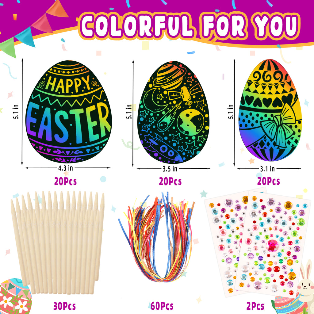 CandWuom 60 PCS Easter Egg Scratch Art for Kids, Rainbow Magic Scratch Paper Easter Crafts for Kids Gifts School Classroom Activities Project Party Favors Supplies Basket Fillers