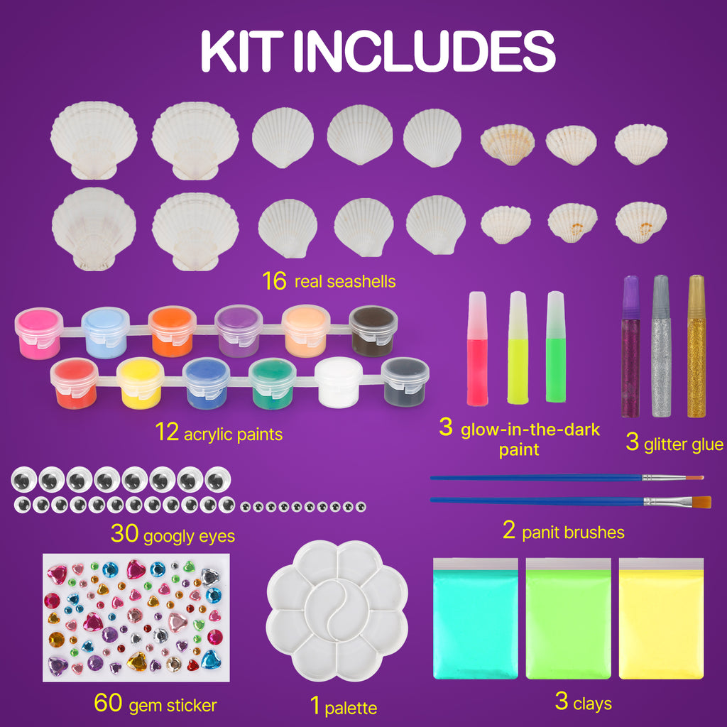 CandWuom 16 Glow in The Dark Sea Shell Painting Kit-Arts & Crafts for Boys and Girls Ages 6-12, Art Supplies, Kids Craft Paint Kits, Creative Art Toys for Birthday Party Gift