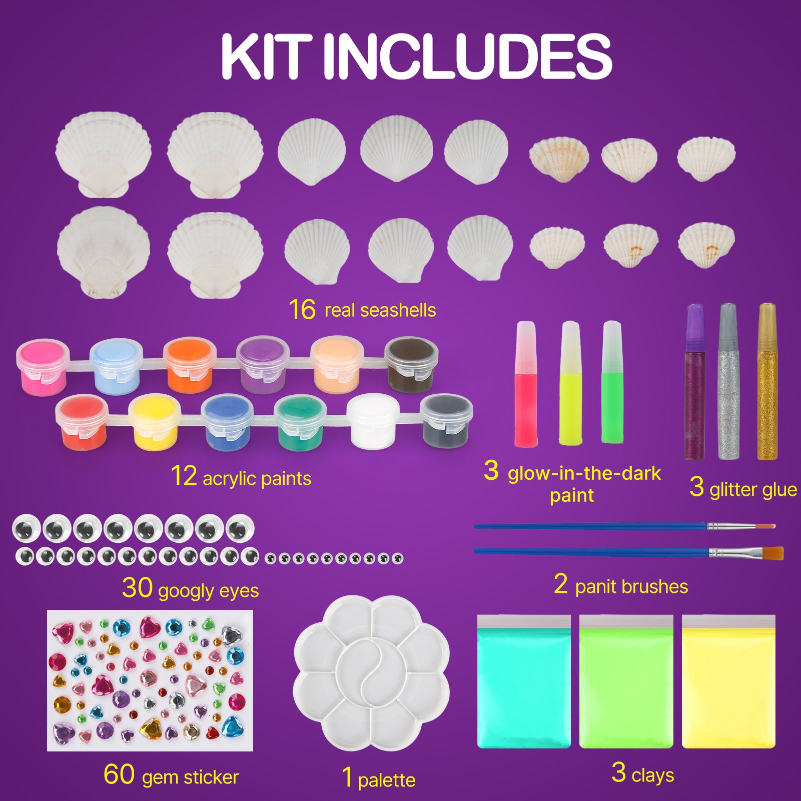 CandWuom 16 Glow in The Dark Sea Shell Painting Kit-Arts & Crafts for Boys and Girls Ages 6-12, Art Supplies, Kids Craft Paint Kits, Creative Art Toys for Birthday Party Gift