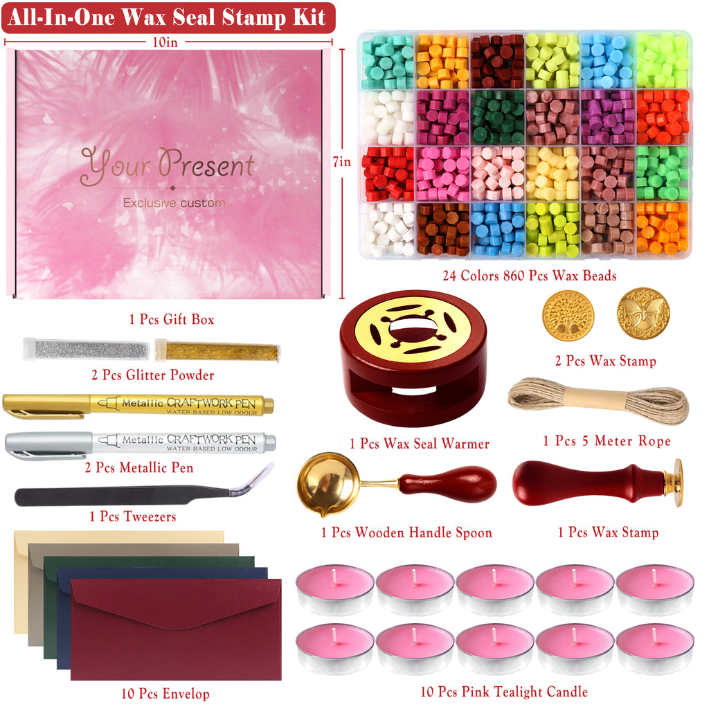 CandWuom Wax Seal Kit with Gift Box, 860 Pcs 24 Colors Sealing Beads, 2 Pcs Stamps, Sealing Wax Warmer, Metallic Pen, Envelope, Candles for Wedding Invitation Birthday Gift and DIY Craft