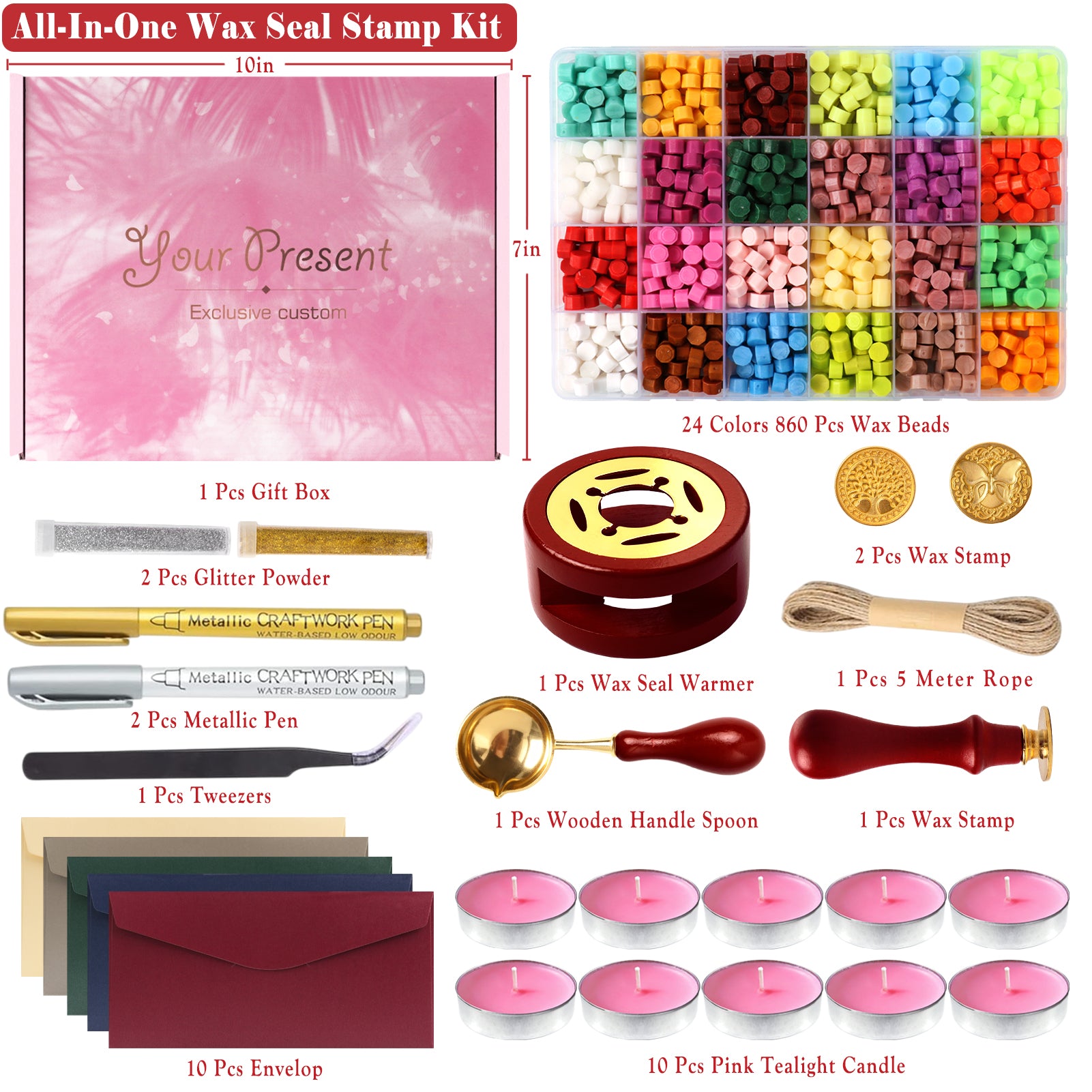 CandWuom Wax Seal Kit with Gift Box, 860 Pcs 24 Colors Sealing Beads, 2 Pcs Stamps, Sealing Wax Warmer, Metallic Pen, Envelope, Candles for Wedding Invitation Birthday Gift and DIY Craft