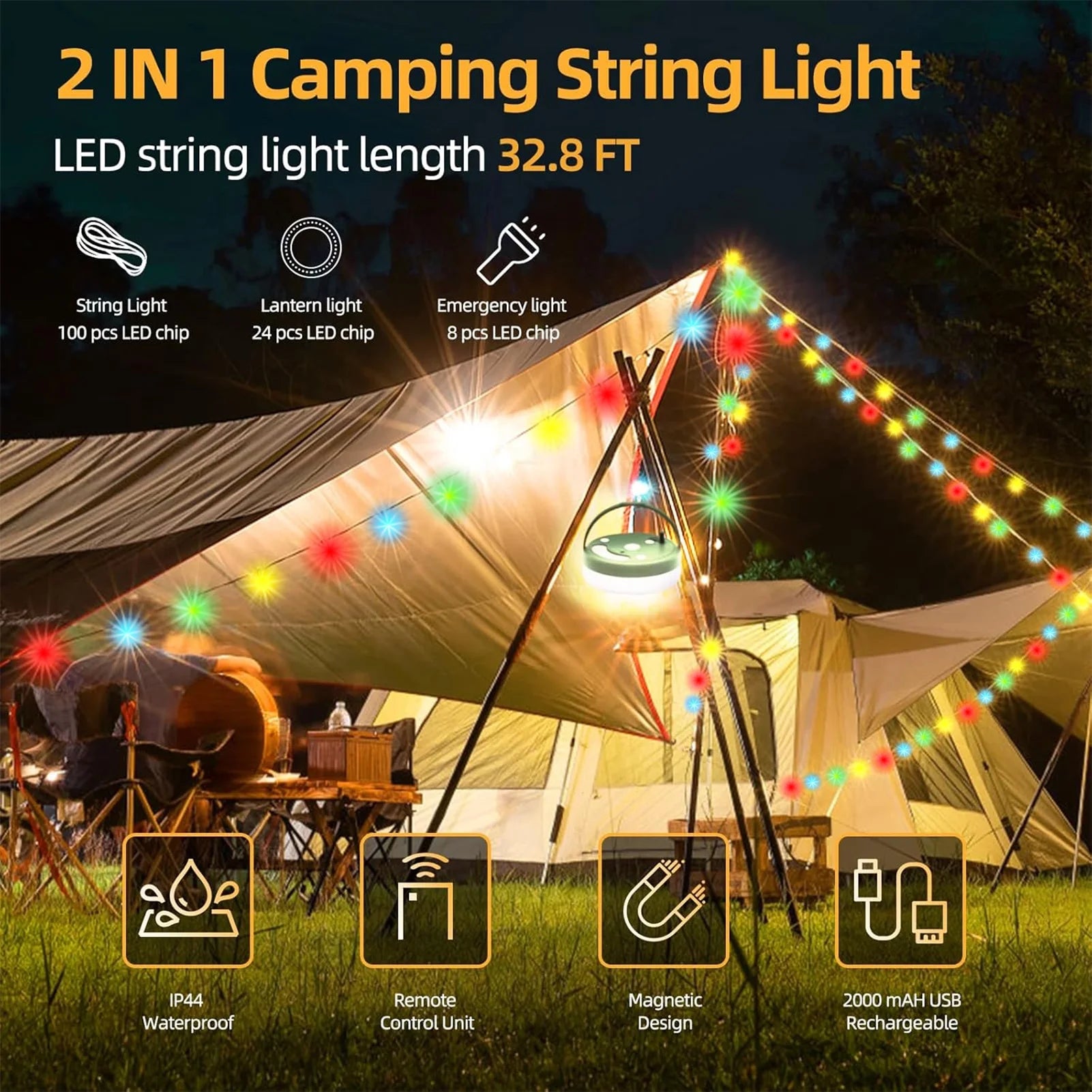 CandWuom Camping Lights, Outdoor Camping String Lights with 9 Lighting Modes, 32.8FT USB Rechargeable with Remote Control, IPX4 Waterproof Portable Warm Lights for Tent, Yard, Hiking & Decoration