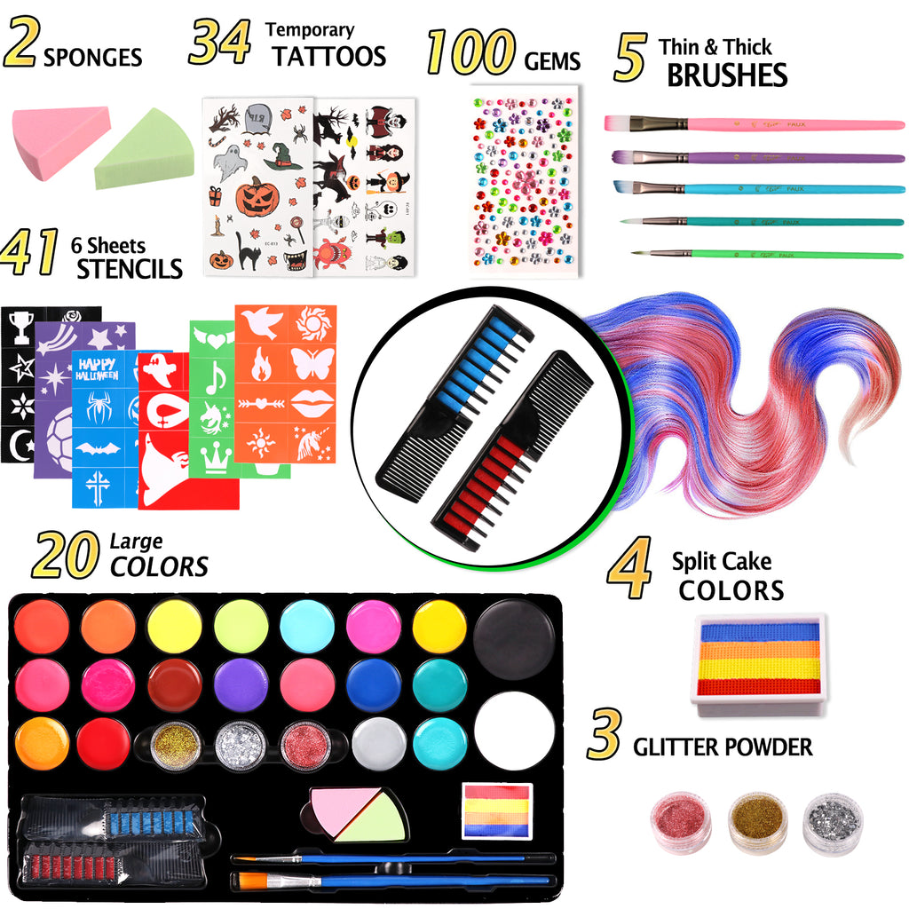 CandWuom Face Painting Kit for Kids –20 Colors Water Based Body Face Paint Kit Includes Hair Chalks Comb, Brushes, Stencils, Professional Face Paint Kit
