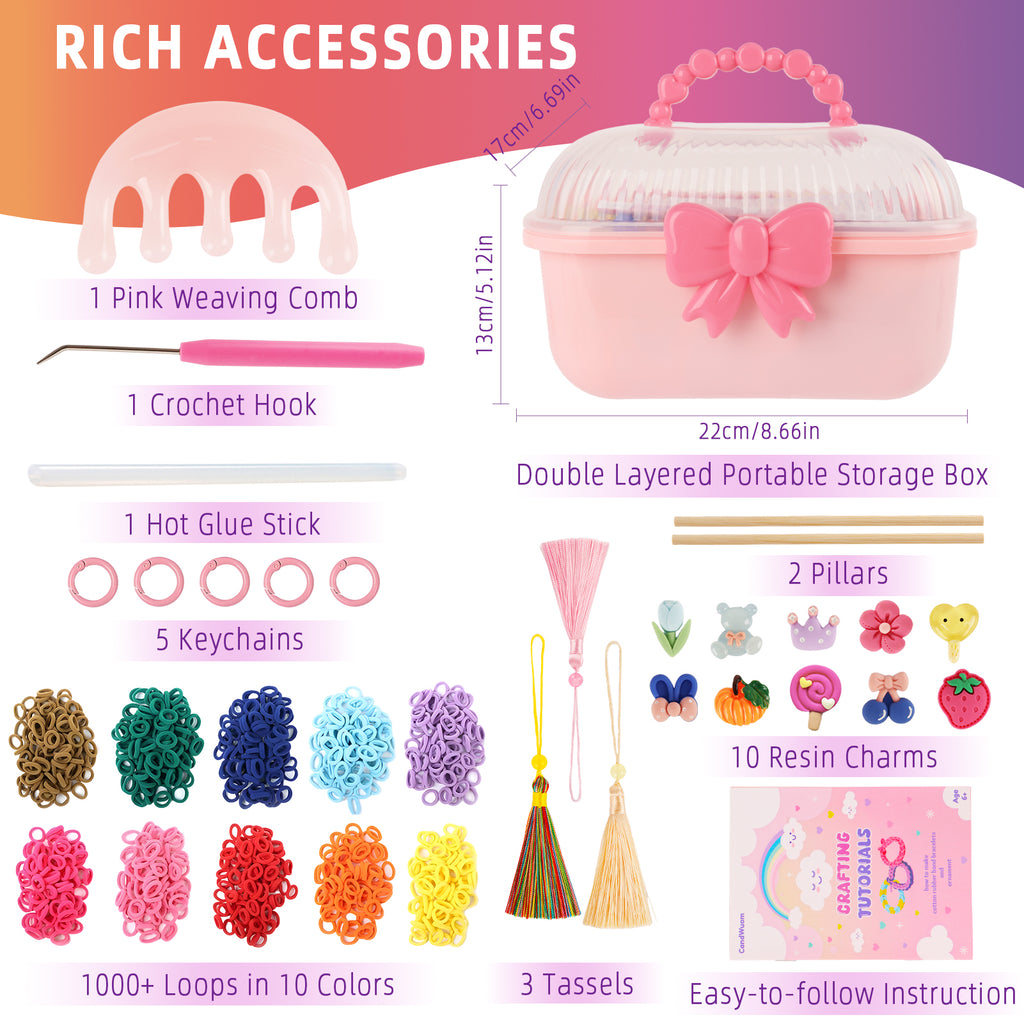 CandWuom Bracelet Making Kit Arts and Crafts for Girls Ages 8-12, Weaving Loom Rainbow Bands DIY Toys Birthday Gifts for Kids 6 7 9 10 11 13 Year Old, 1000+ Elastic Cloth Rubber Band Fabric Loops