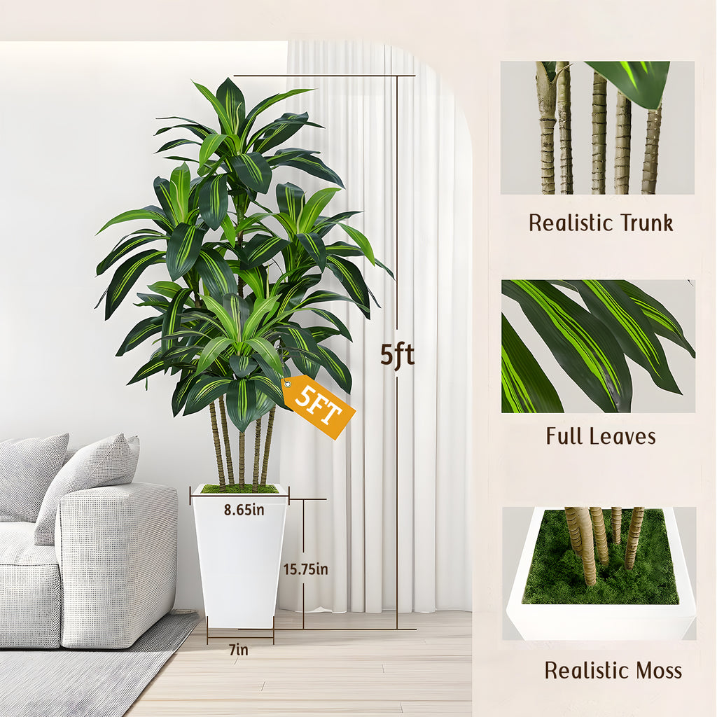 CandWuom 5FT Artificial Dracaena Tree,Fake Tree with White Tall Planter - Faux Yucca Tall Fake Floor Plant in Pot - Artificial Trees for Home Office Living Room Decor Indoor