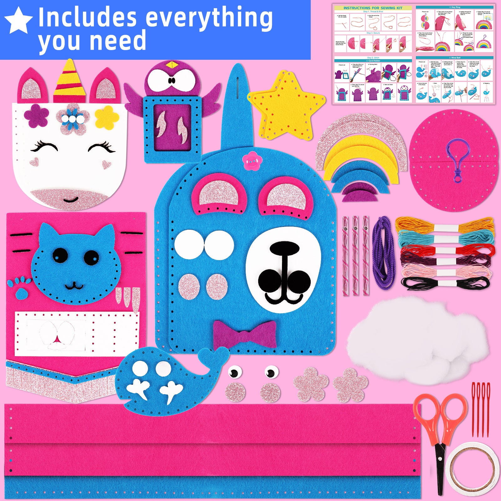CandWuom Sewing Kit for Kids Arts & Crafts, Sewing Bag Kits for Beginners 7 Easy DIY Handbag Pouch Unicorn Projects, Learn to Sew & Felt Embroidery, Gift for Girls 3+