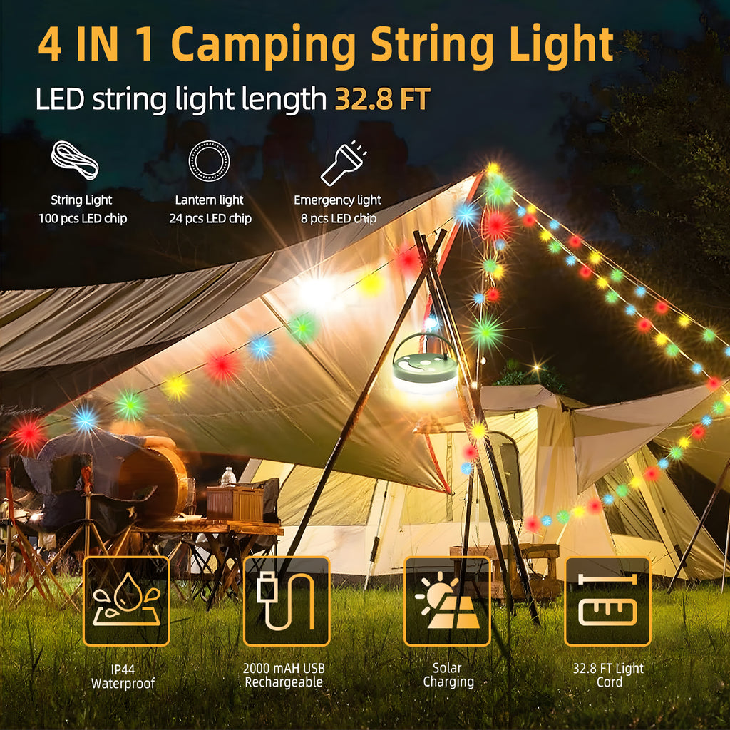 CandWuom Solar Camping String Lights, 4 in 1 Outdoor Tent Light with 9 Lighting Modes, Solar Powered and USB Rechargeable Tent Lantern, Portable Warm Lights for Yard, Hiking & Decoration