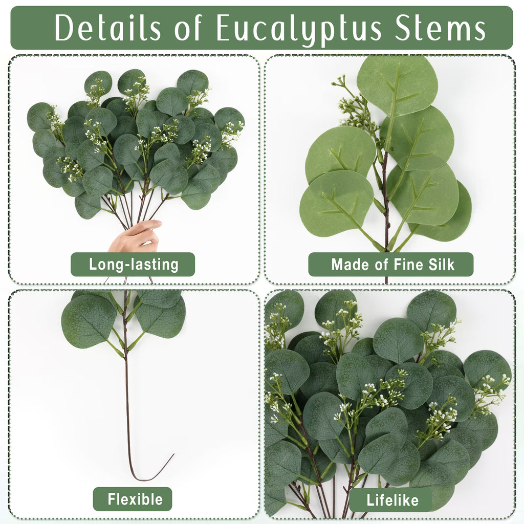 CandWuom 100pcs Artificial Eucalyptus Stems Bulk, 4 Kinds Mixed Greenery Fake Plants Faux Leaves Picks, Perfect for DIY Bouquets, Home and Wedding Decor