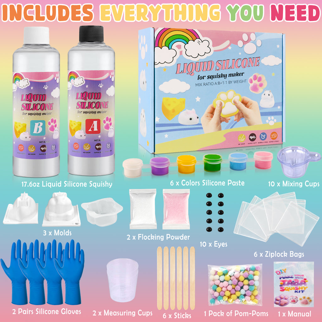 CandWuom Taba Squishy Kit - 18OZ Rubber Squishy Kit with Guided, Bubble Free and Faster Fully Cures - DIY FuFu Squishy Kit with Mold, Flocking Powder - Stress Relief Entertainment